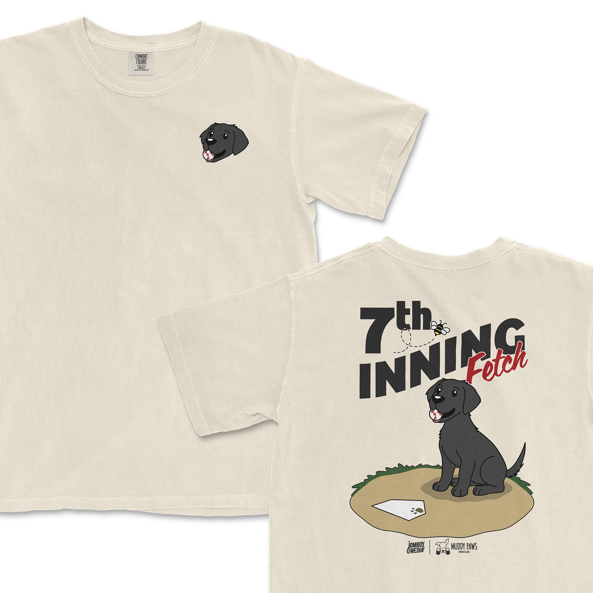 Cream t-shirt featuring a cartoon black lab on the back with "7th Inning Fetch" text and a baseball theme.