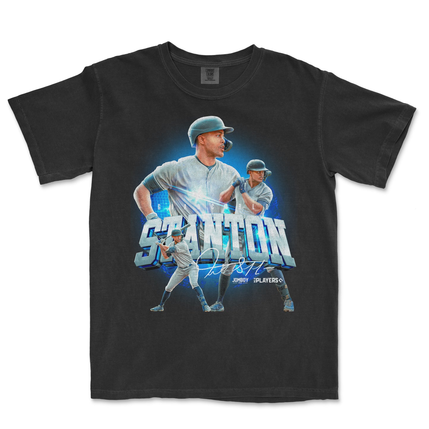 "Comfort Colors black t-shirt featuring a dynamic blue and white graphic of a baseball player with 'Stanton 1997' text, part of the 'Big G' Signature Series."