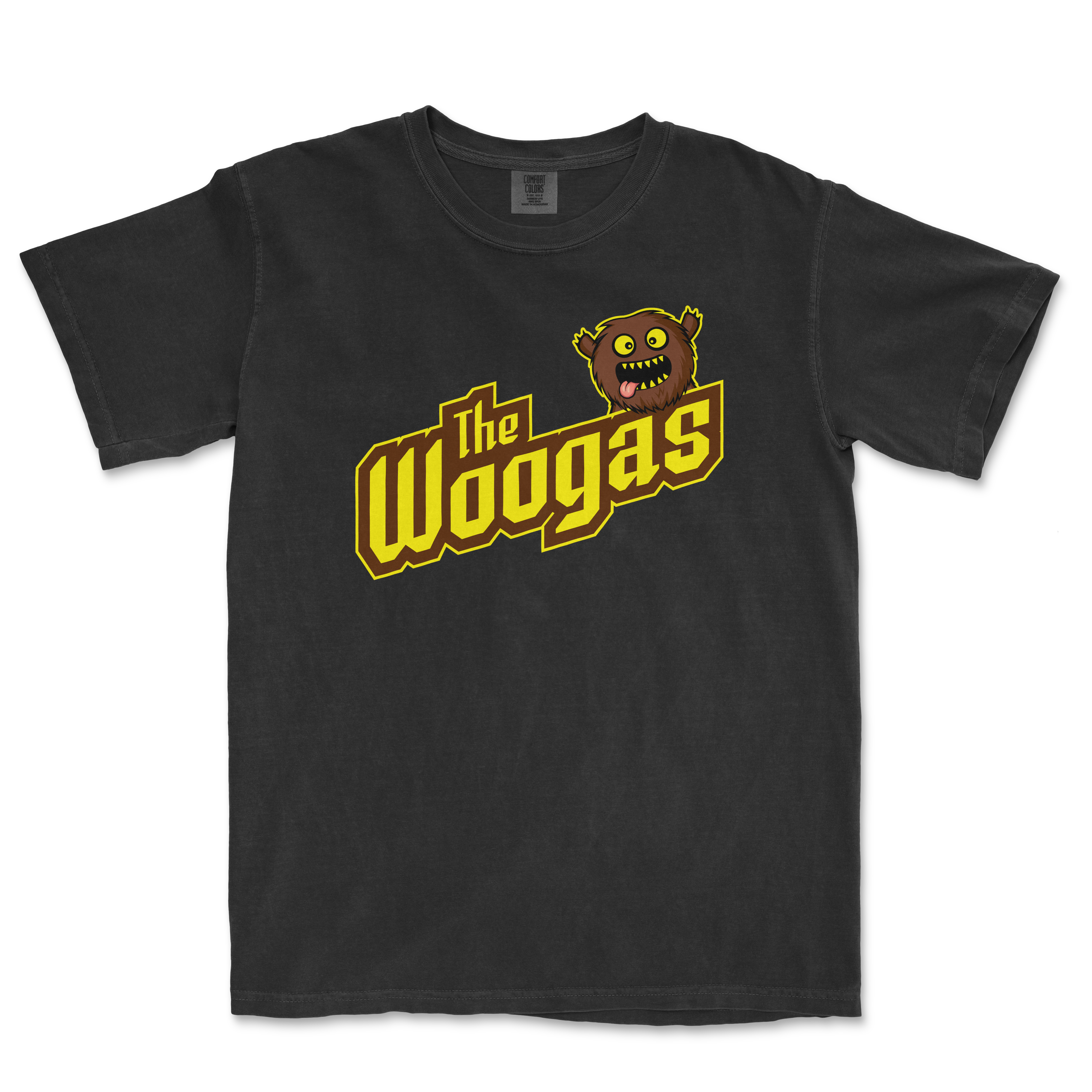 Black T-shirt featuring a cartoon monster head with yellow eyes and sharp teeth, alongside the text "the Woogas" in bold yellow and brown letters.