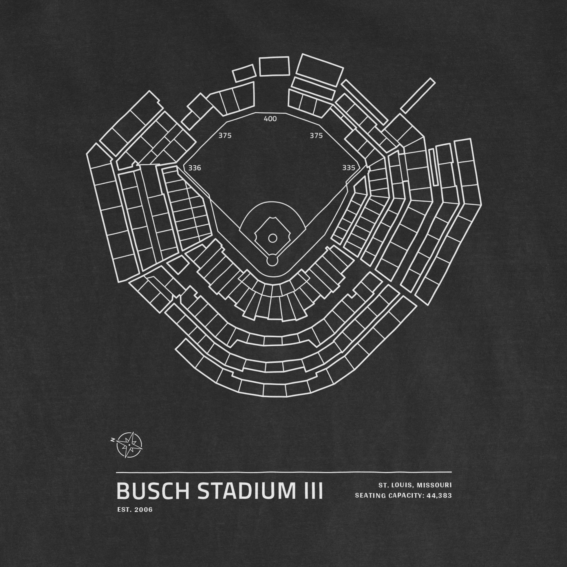 Black Comfort Colors T-shirt featuring a white line drawing of Busch Stadium III's seating chart with stadium details.