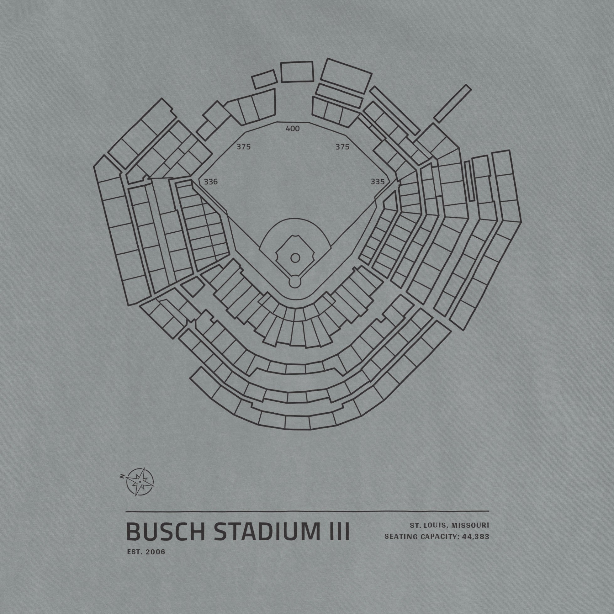 Comfort Colors tee featuring a line drawing of Busch Stadium III seating chart with field and seating sections.