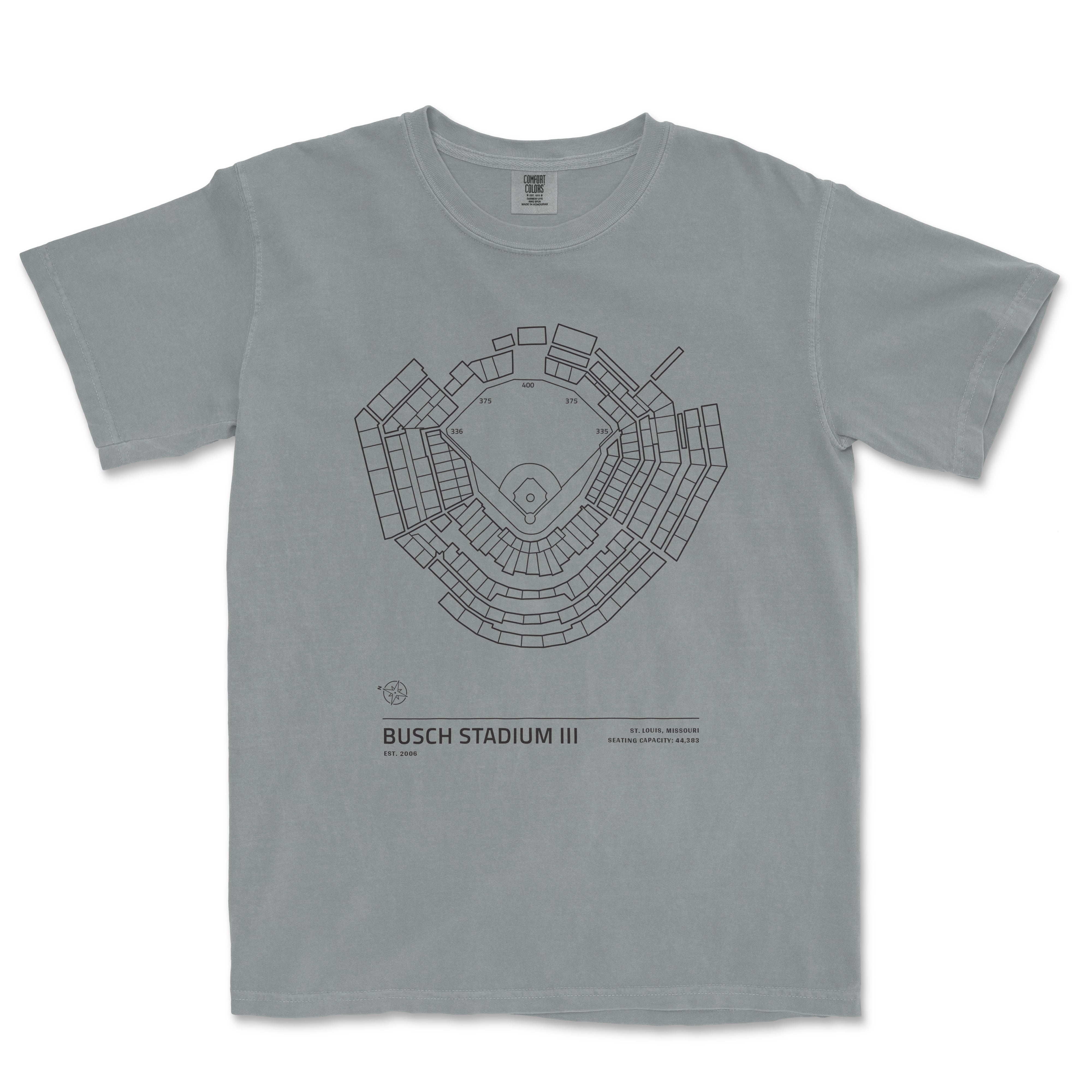 Gray Comfort Colors T-shirt featuring a line art stadium map of Busch Stadium III in St. Louis, Missouri, with seating details and capacity.