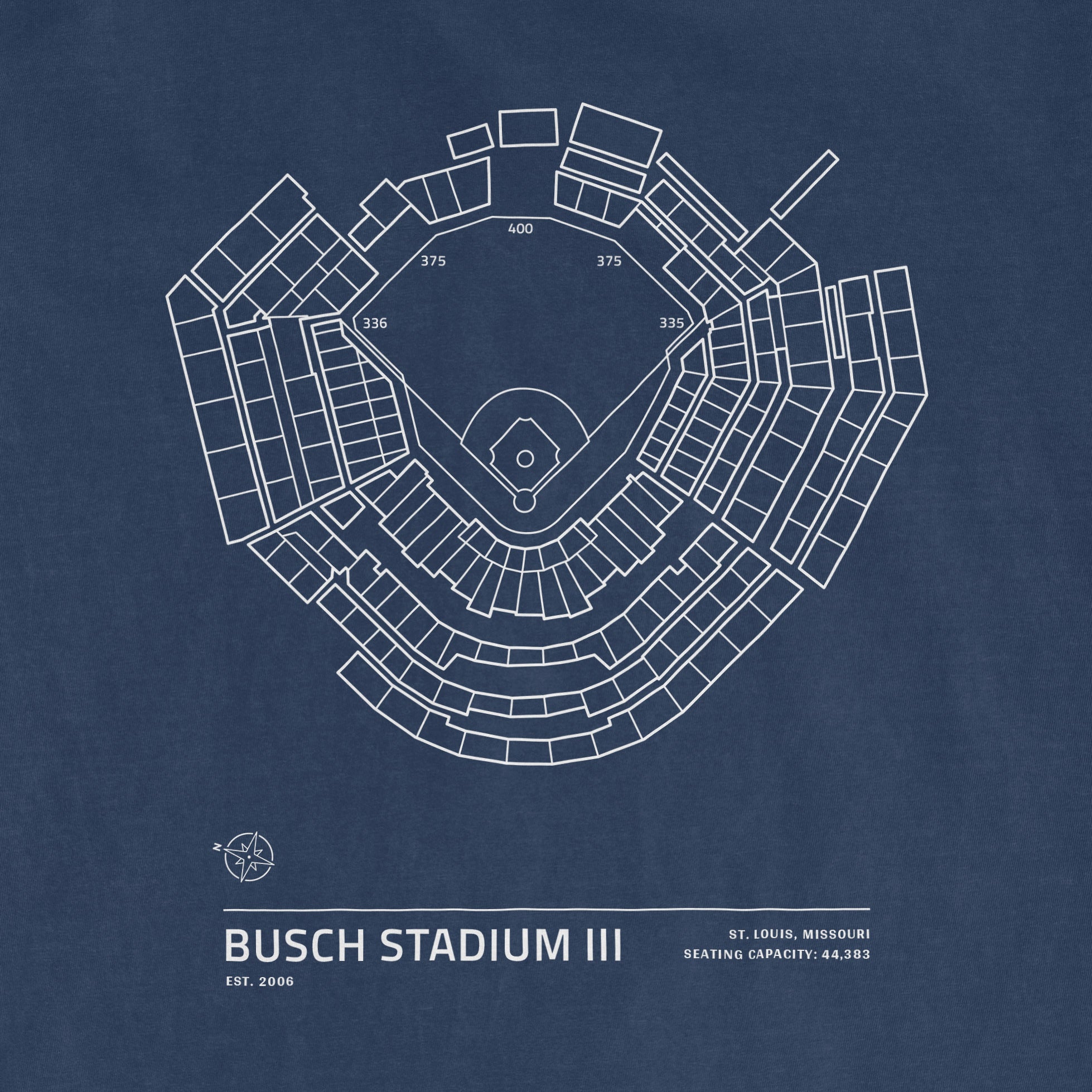 Blue Comfort Colors T-shirt featuring a white line drawing of Busch Stadium III's seating chart, with stadium details below.