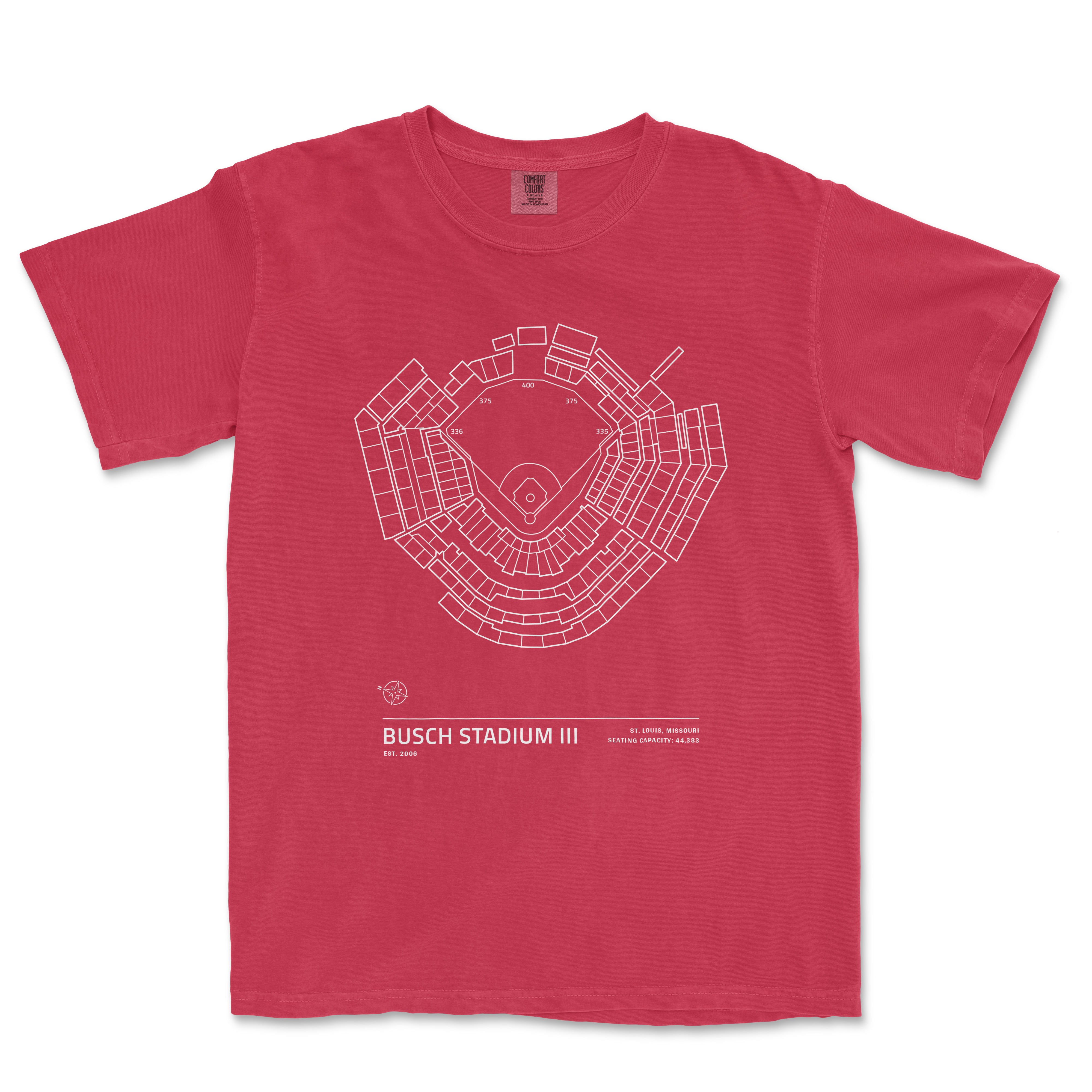 Red Comfort Colors T-shirt featuring a white line drawing of Busch Stadium III seating chart and stadium details.