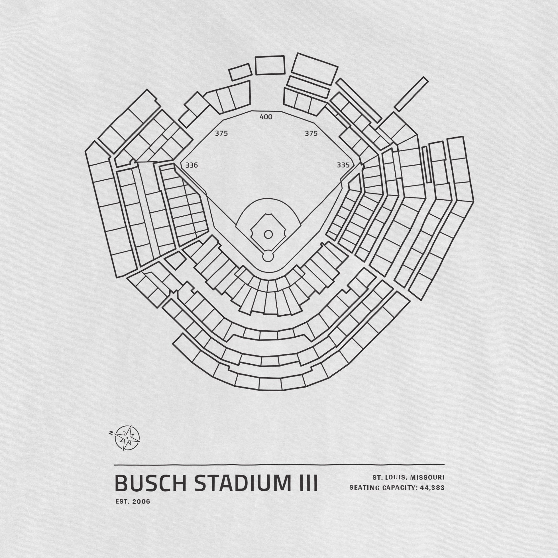 Comfort Colors tee featuring a line art map of Busch Stadium III in St. Louis, Missouri, with seating capacity and establishment year.