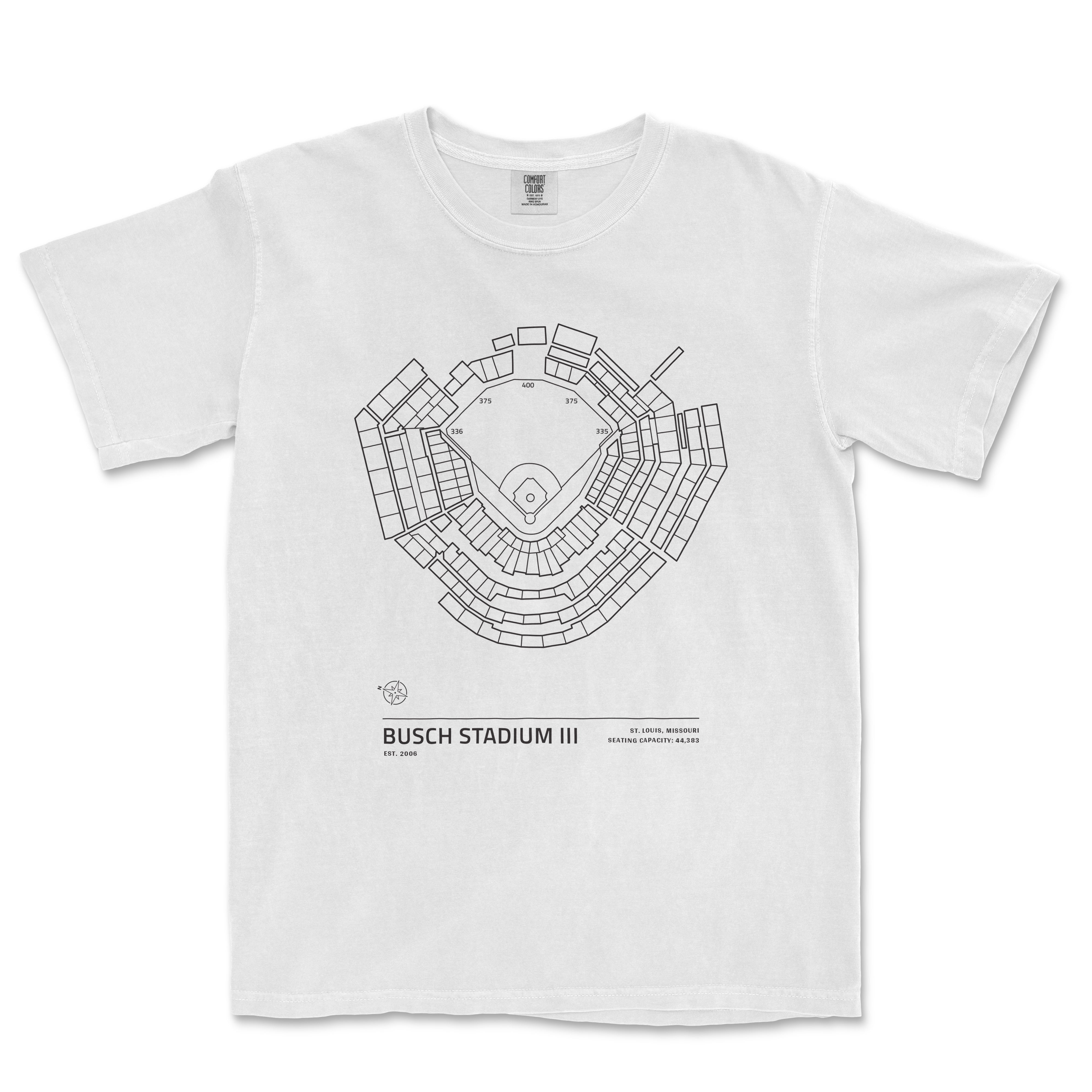 White Comfort Colors T-shirt featuring a black line drawing of Busch Stadium III seating chart, with stadium details below.