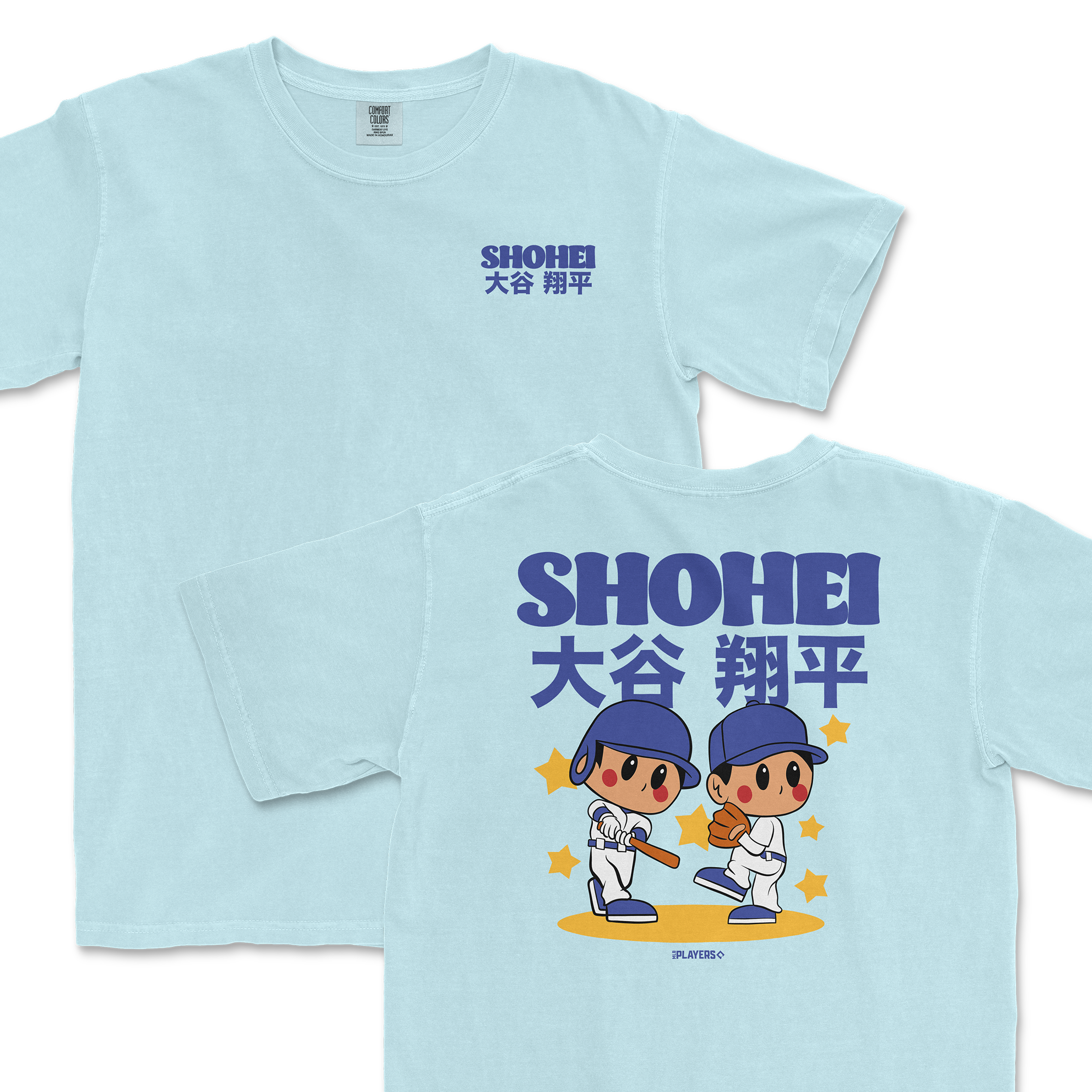 Light blue t-shirt featuring a cartoon design of Shohei Ohtani, showcasing him in a baseball uniform with playful graphics.