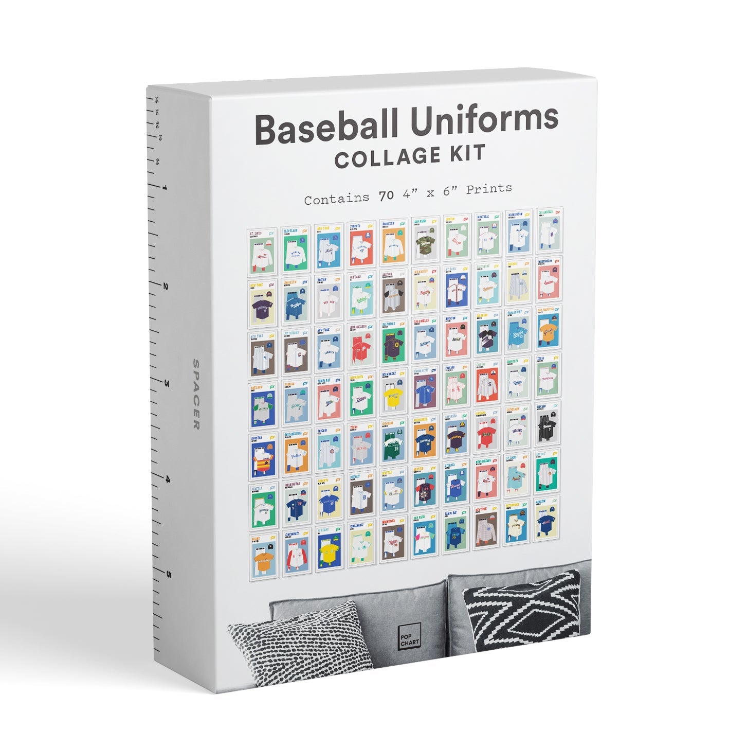 Collage kit with 70 printable baseball uniform designs, featuring various team styles and colors, for craft projects.
