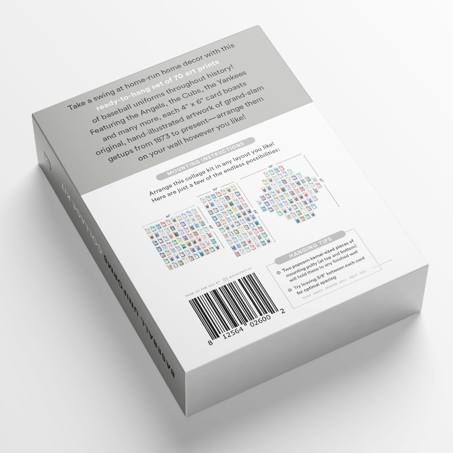 Back of a box for a Baseball Uniforms Collage Kit, showing layout instructions, hanging tips, barcode, and product description.