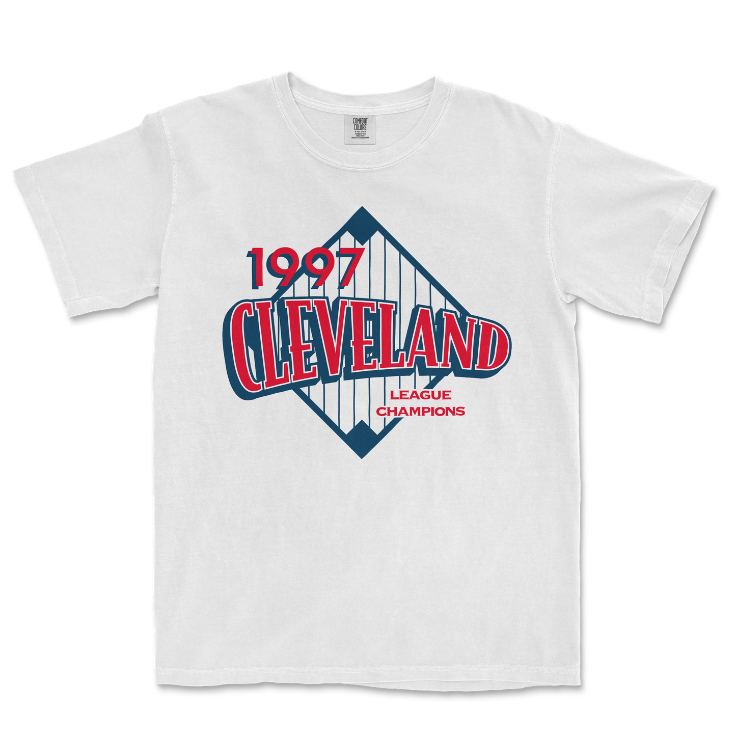 White Comfort Colors tee featuring a vintage Cleveland baseball team logo with "1997 Cleveland League Champions" text.