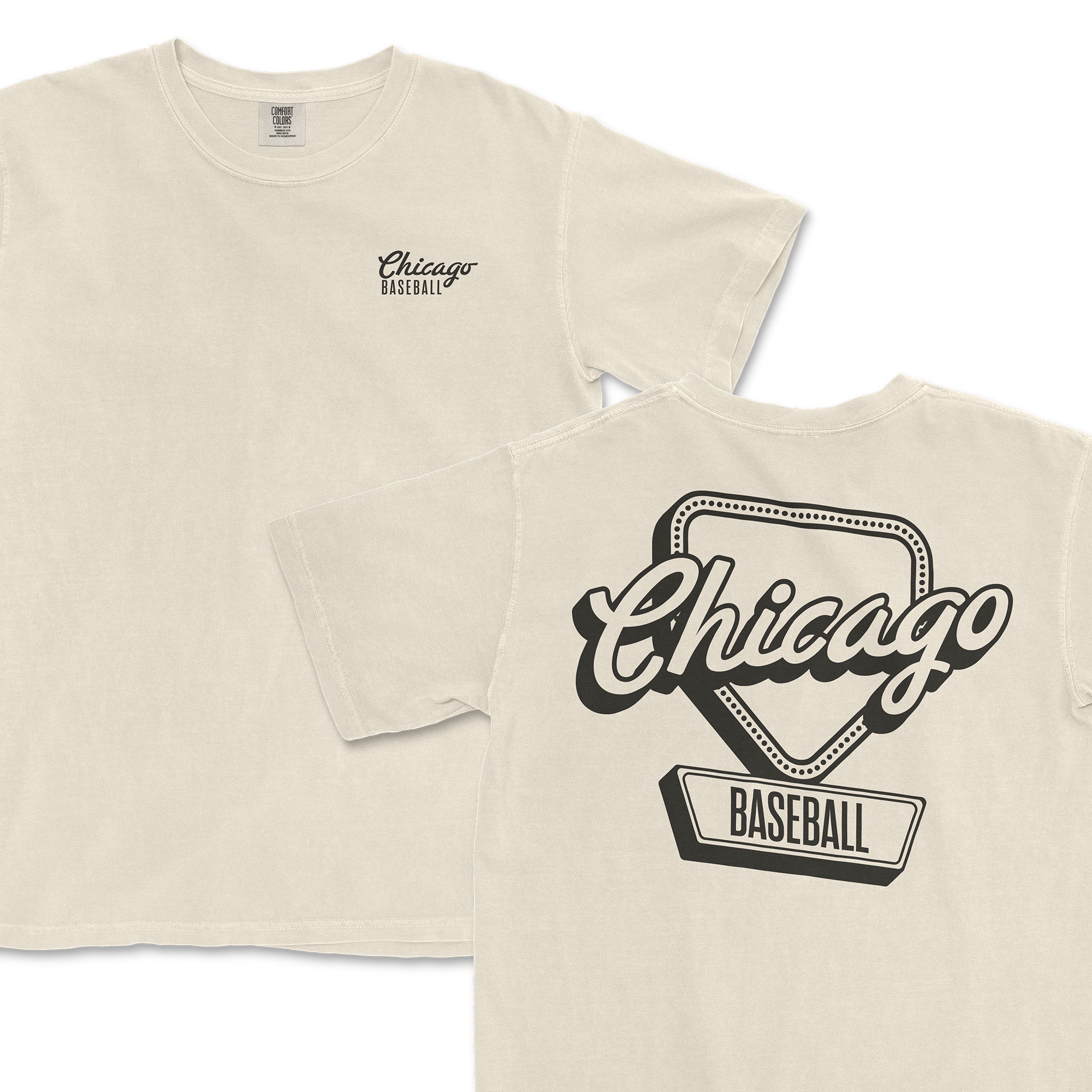 Cream-colored t-shirt featuring "Chicago Baseball" logo on the front and a large graphic on the back with a baseball diamond design.