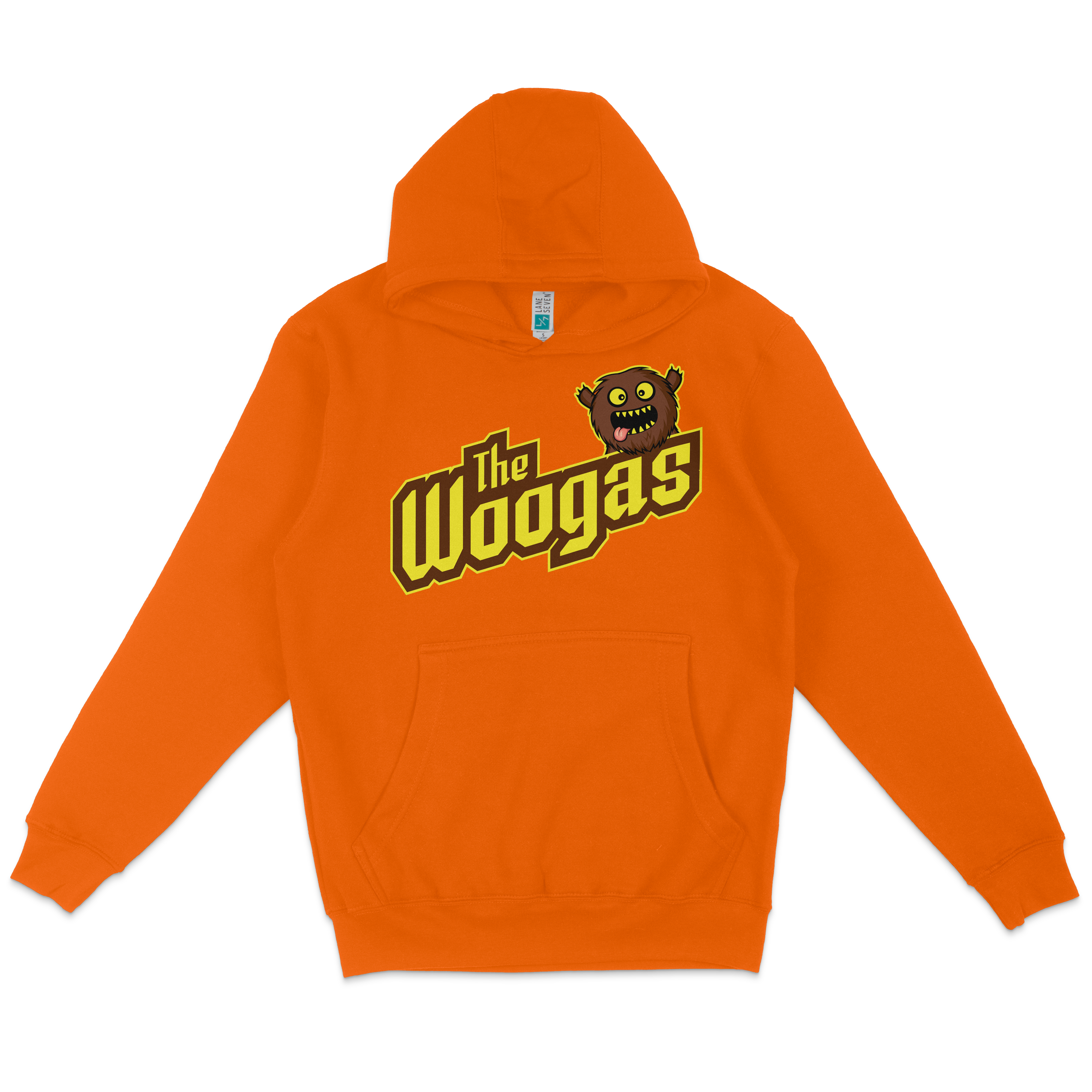 Orange pullover hoodie featuring "The Woogas" logo with a cartoon monster head and bold yellow text.