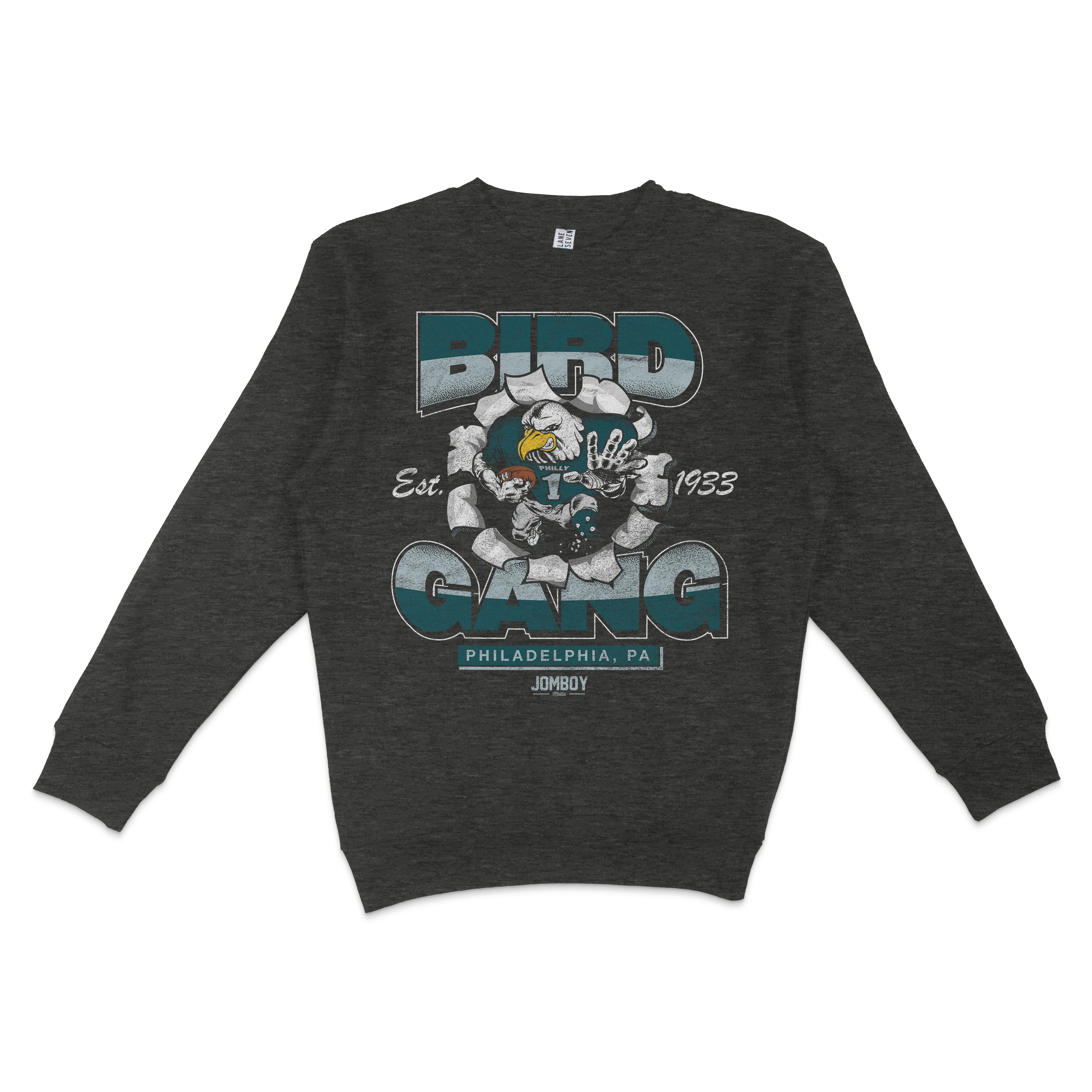 Dark gray crewneck sweatshirt featuring a graphic design with an eagle mascot, "Bird Gang" text, and "Philadelphia, PA" details.