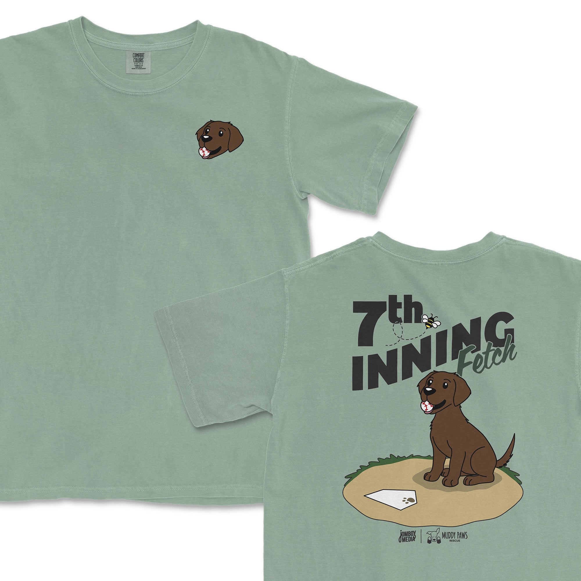 Light green t-shirt featuring a cartoon chocolate lab on the front and "7th Inning Fetch" graphic on the back.