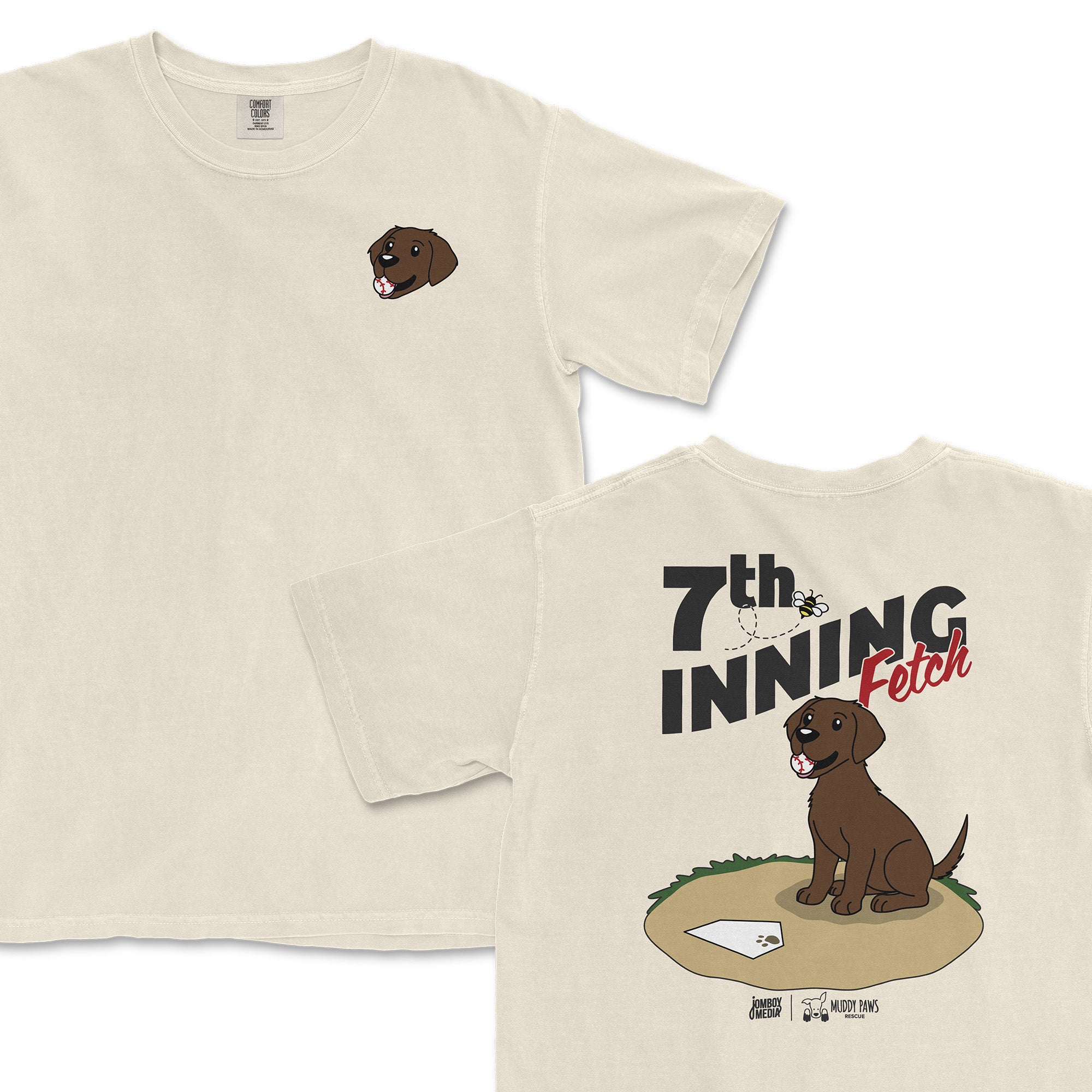 Cream-colored t-shirt featuring a cartoon chocolate lab and "7th Inning Fetch" graphic on the back.