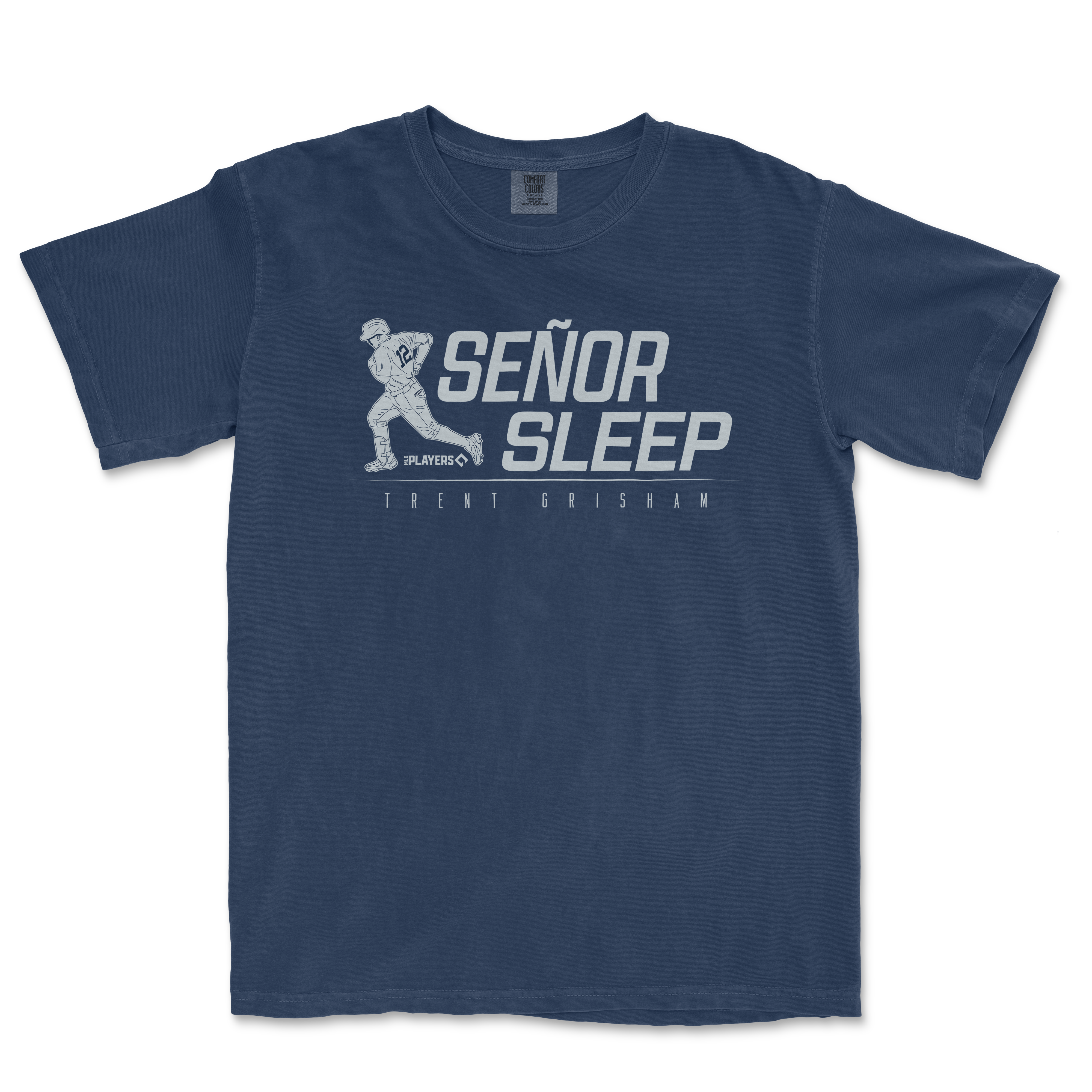 Blue T-shirt featuring a graphic of a baseball player, with the text "Señor Sleep" and "Trent Grisham" below.