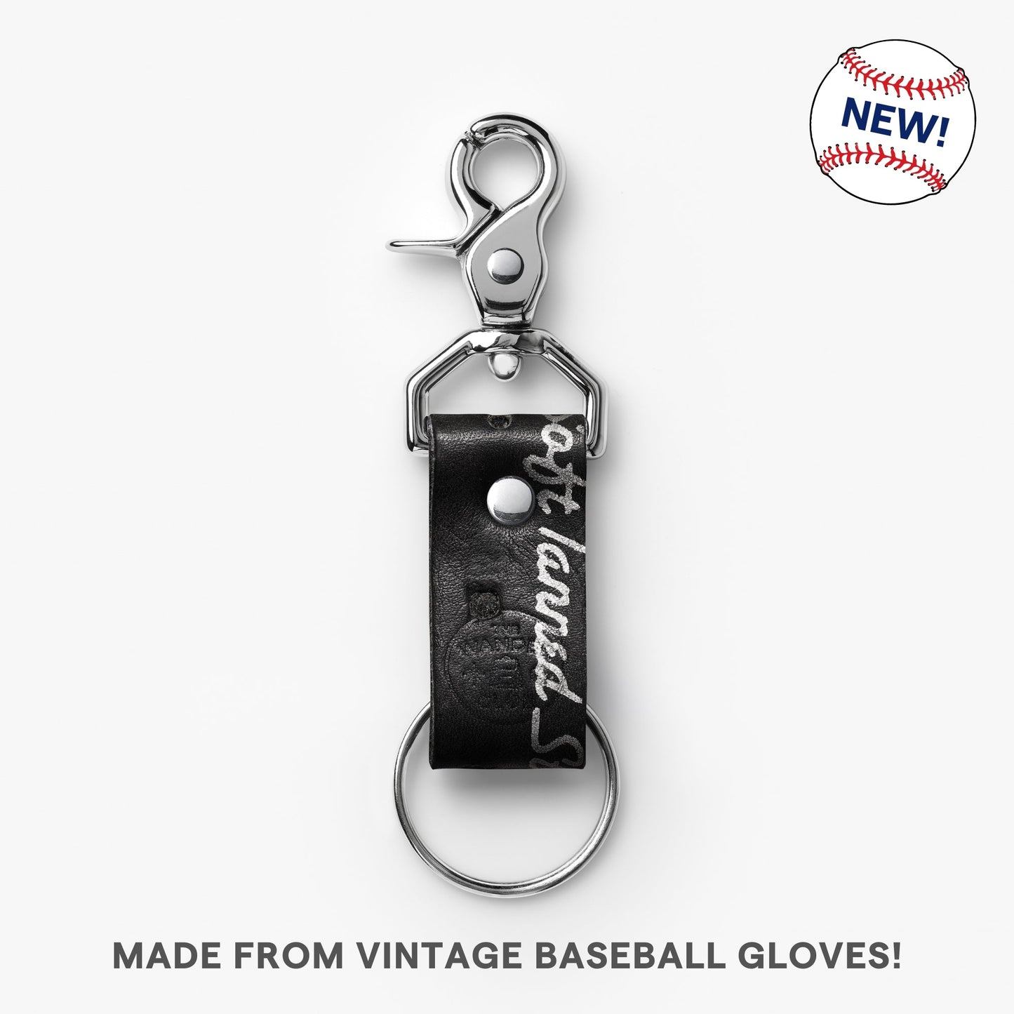 Vintage leather baseball glove keychain with metal clip and ring, inspired by classic baseball gloves, labeled "Wanderchain.