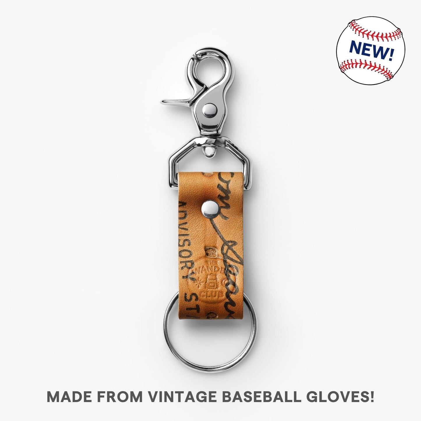 Vintage leather baseball glove-inspired Wanderchain keychain with metal clip and ring, made from recycled baseball gloves.