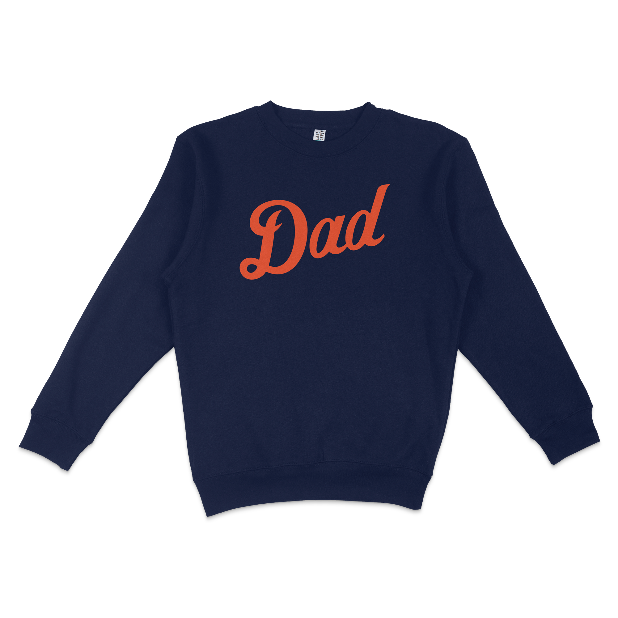 Navy blue crewneck sweatshirt with orange "Dad" text in a cursive font, designed for Detroit baseball dads.