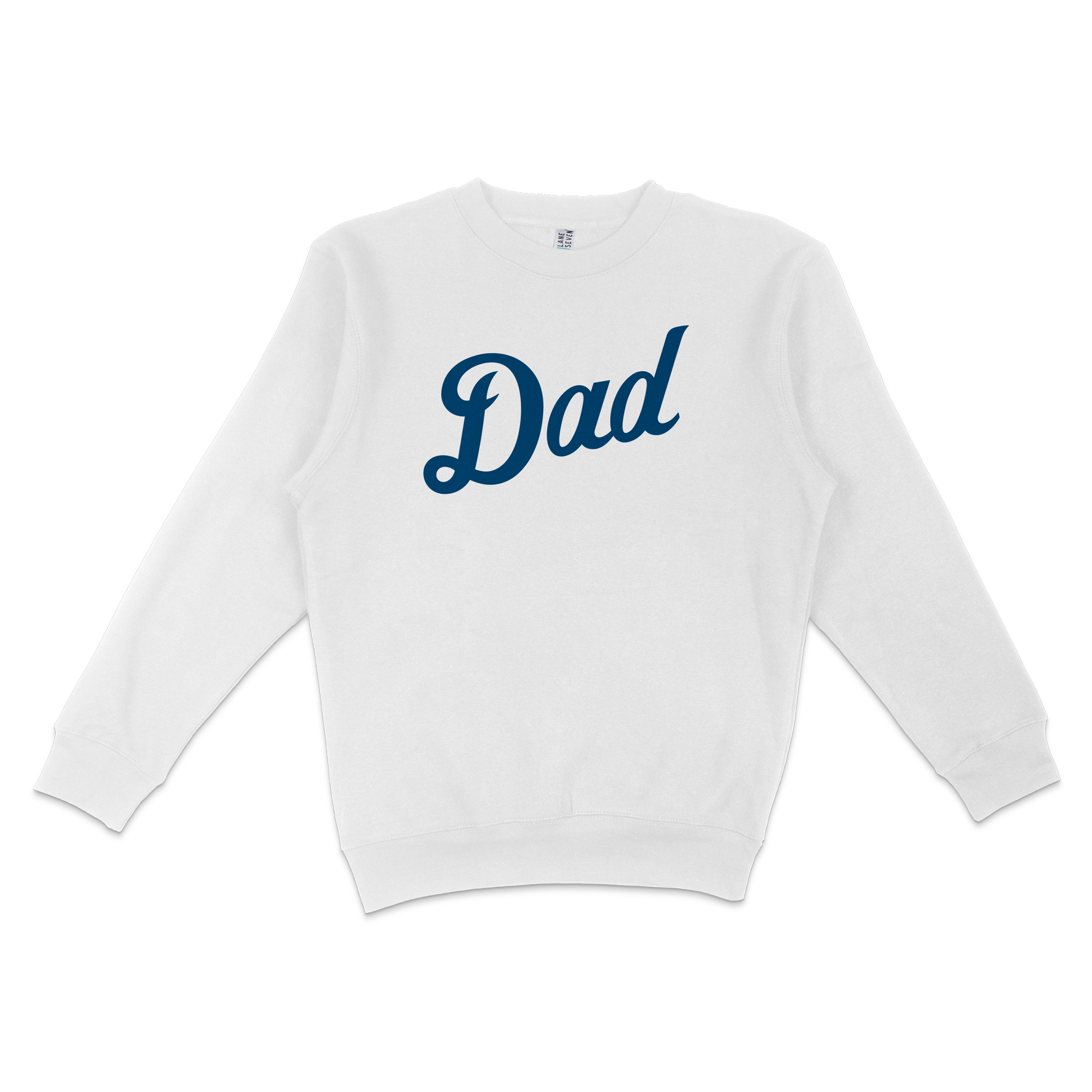 White crewneck sweatshirt with "Dad" written in bold, navy blue script font, designed for Detroit baseball dads.