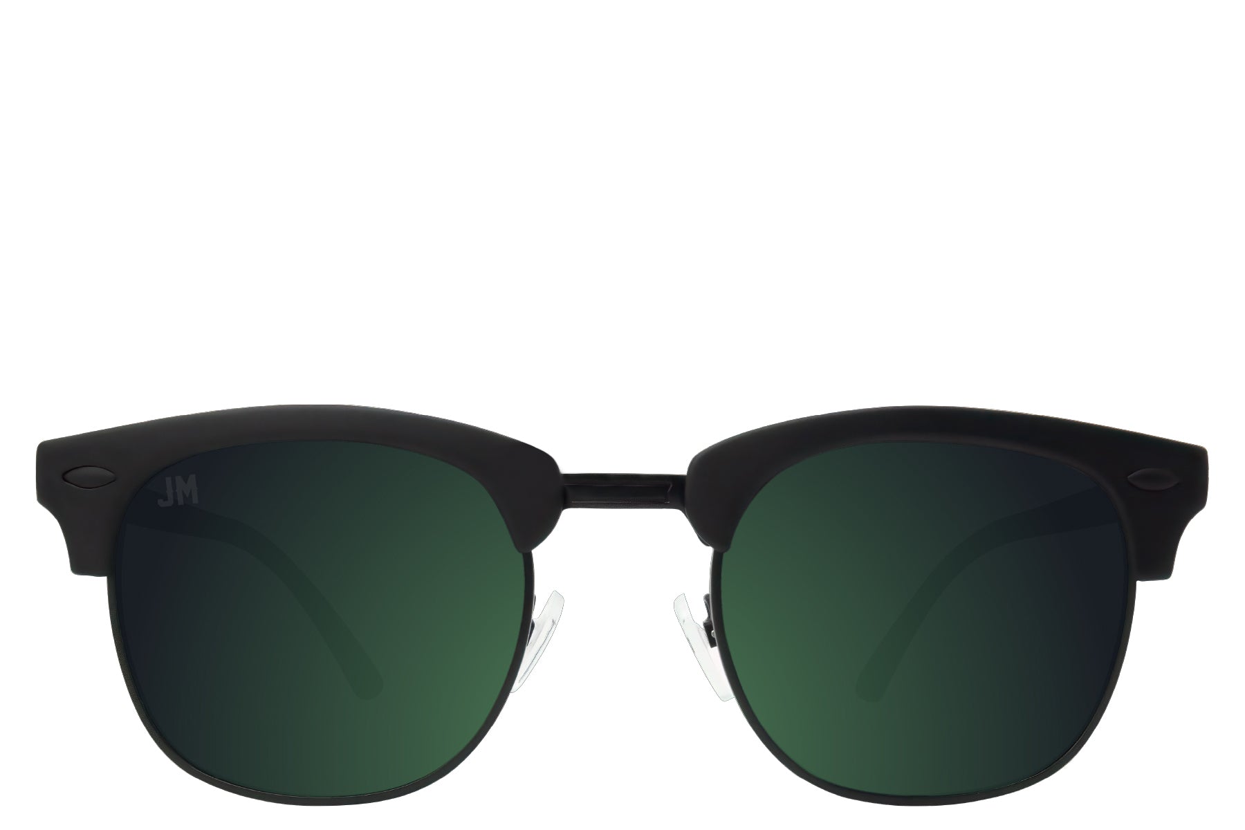 Black Shady Rays sunglasses, The Jake style, with dark green mirrored lenses and a matte frame, featuring a subtle "JM" logo.