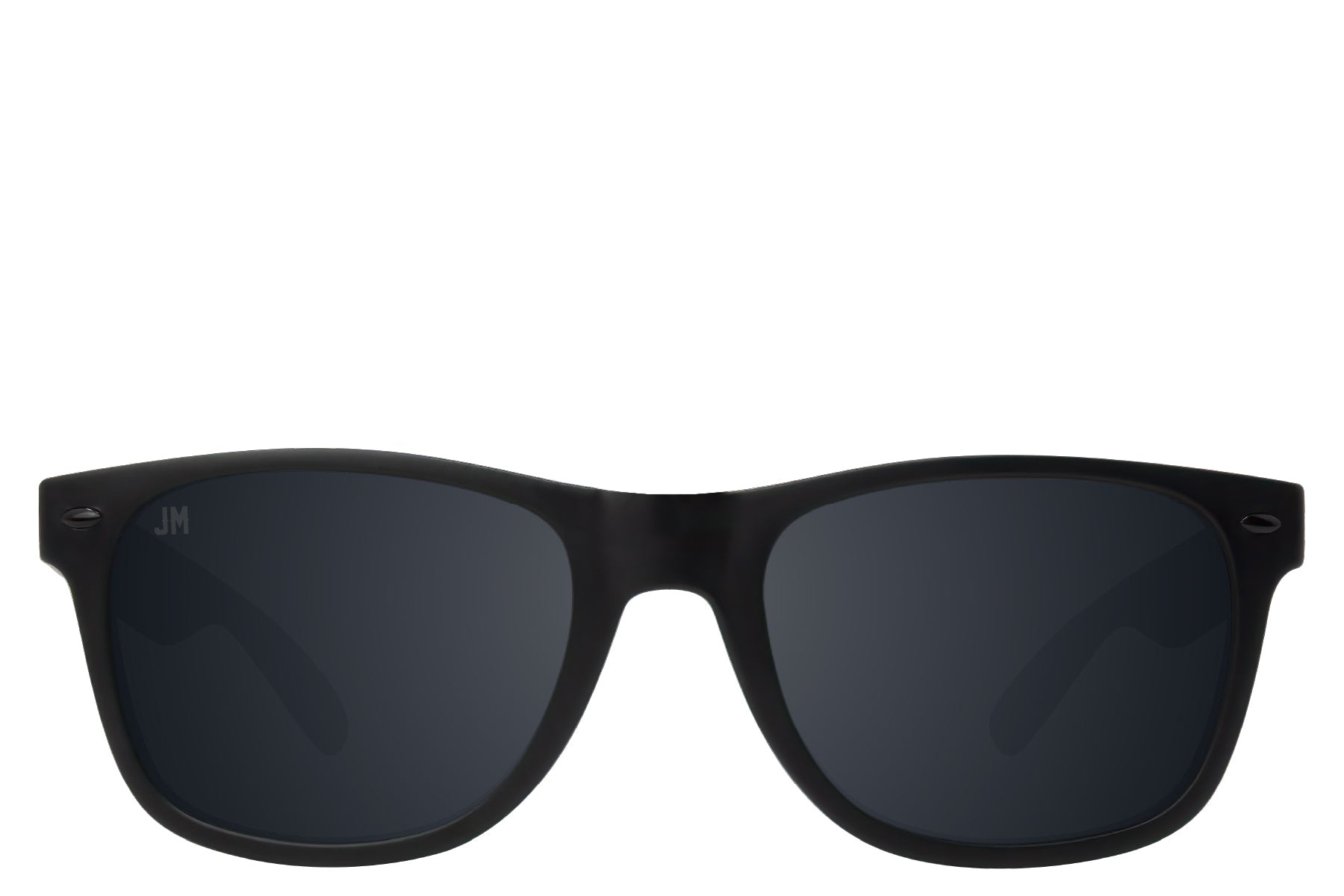 Black Shady Rays sunglasses, the Jimmy style, with dark tinted lenses and a matte frame, featuring "JM" initials on the corner.