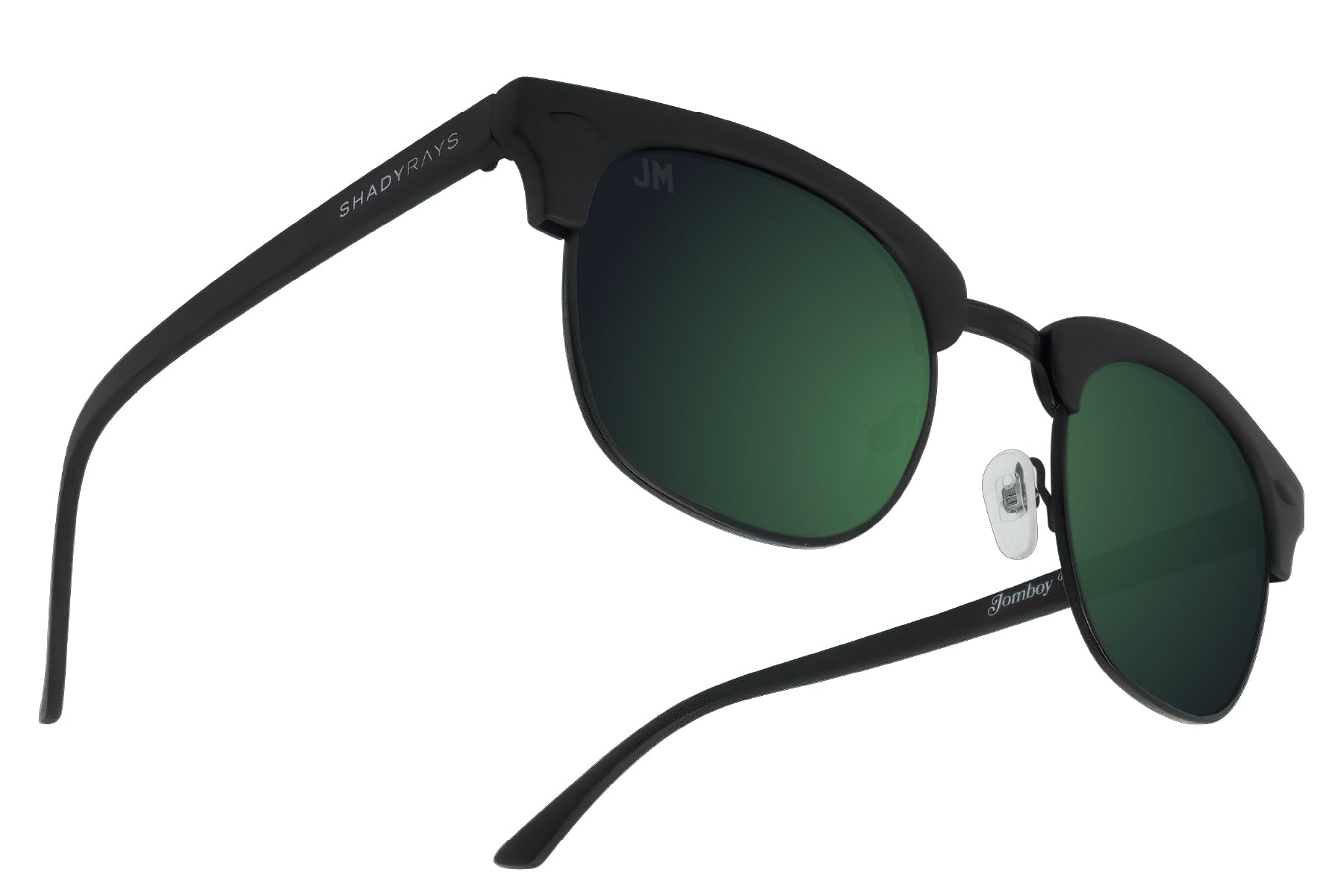 Black Shady Rays sunglasses, The Jake style with green tinted lenses and adjustable nose pads.