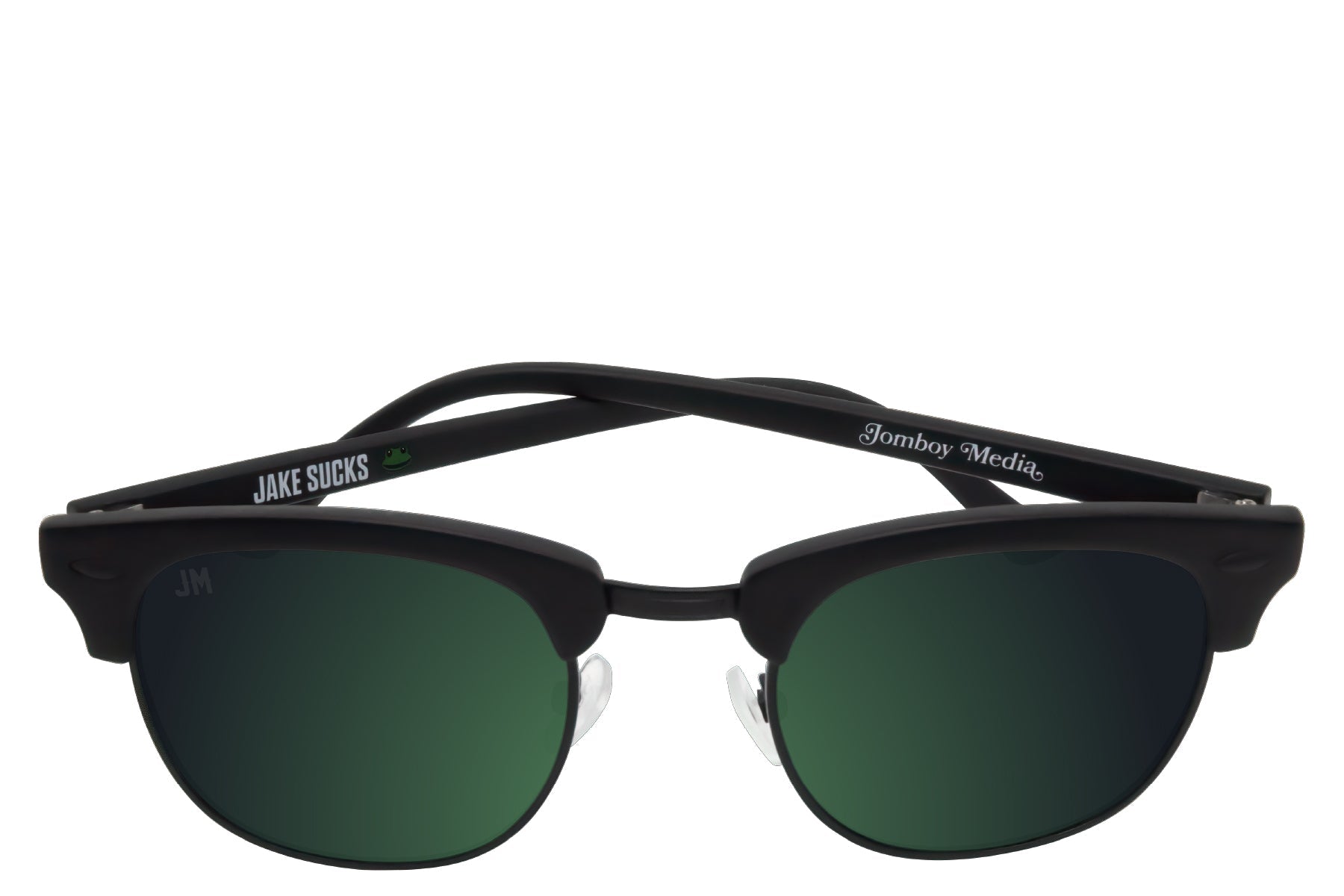 Black Shady Rays "The Jake" sunglasses with green-tinted lenses, featuring custom engravings on the arms.