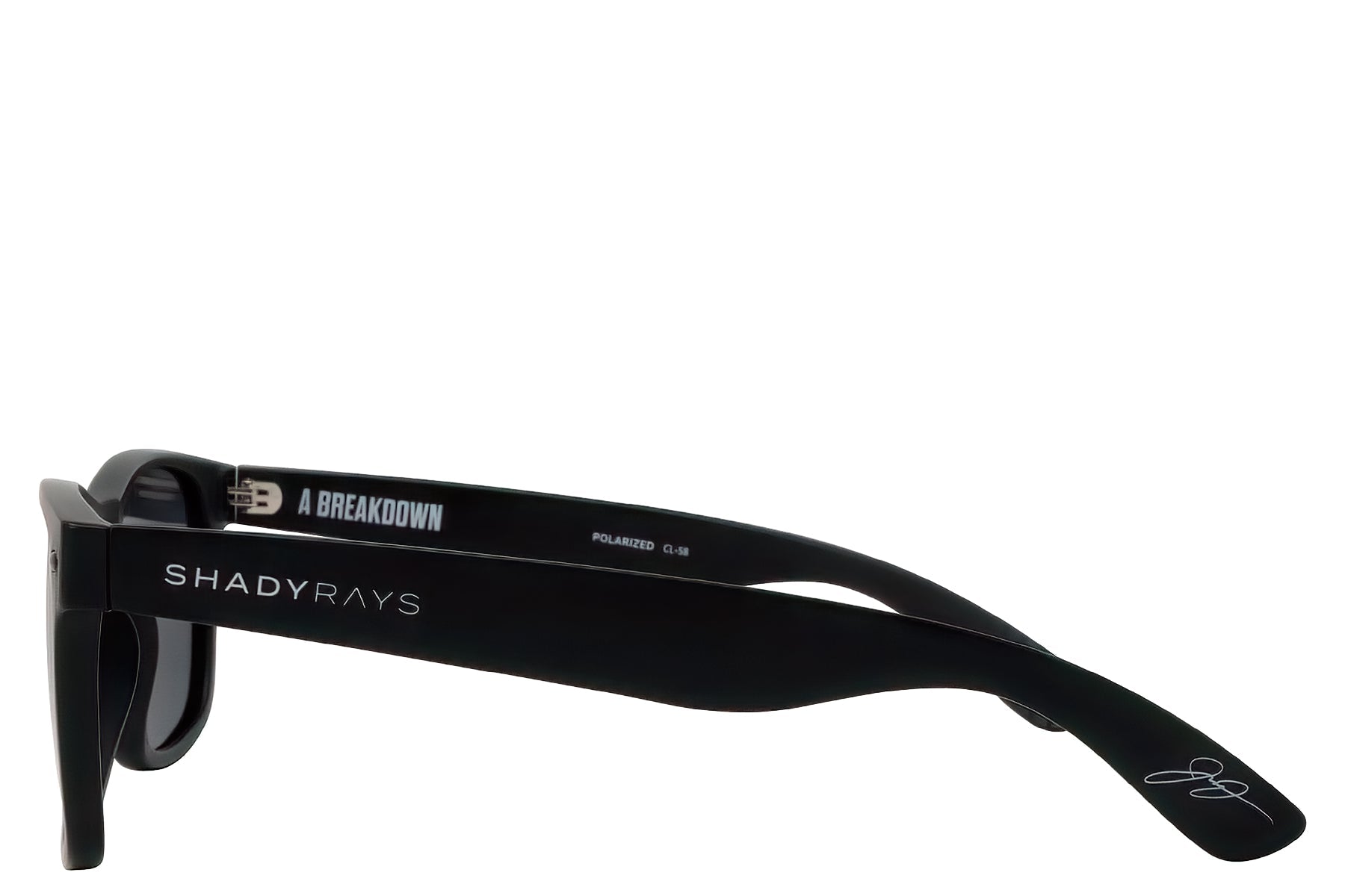 Black Shady Rays sunglasses, the Jimmy model, with bold branding on the arms and a sleek, sporty design.