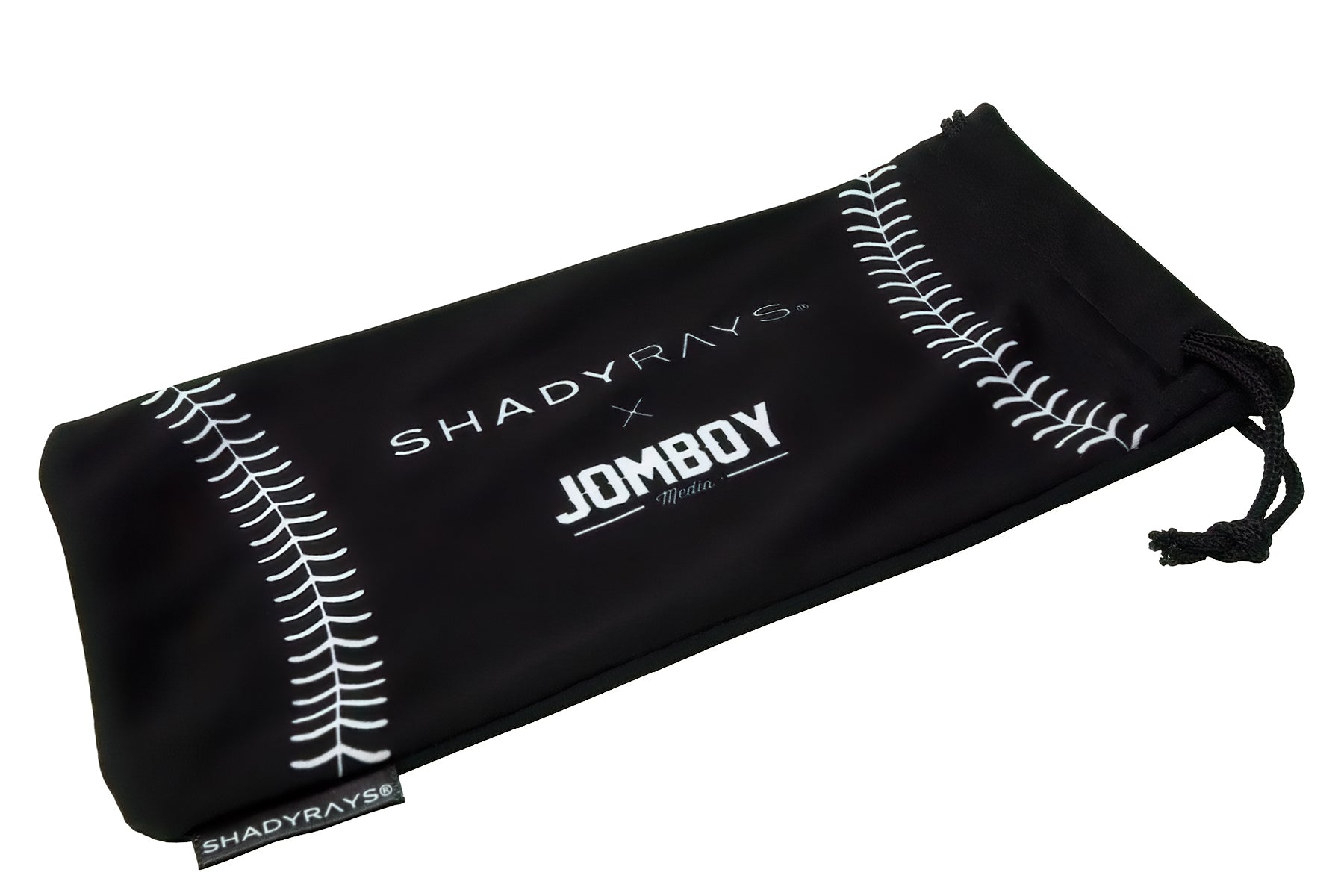 Black protective pouch for Shady Rays The Jimmy sunglasses with white baseball stitch design and drawstring closure.