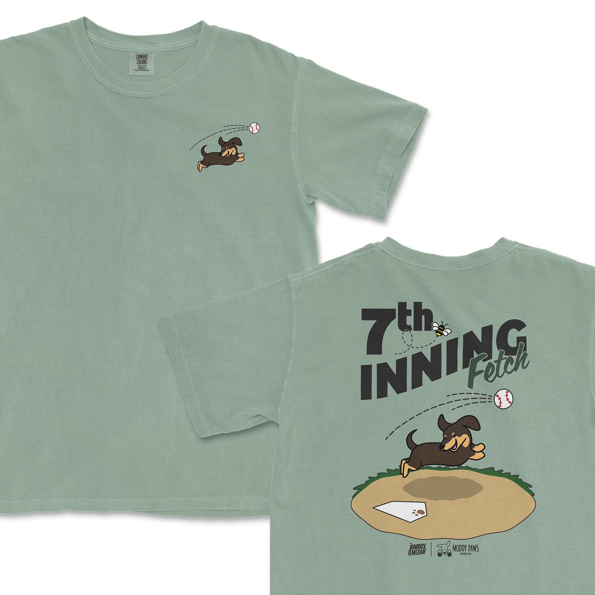 Dachshund 7th-Inning Fetch cartoon t-shirt featuring a playful dog chasing a baseball on a mint green background.