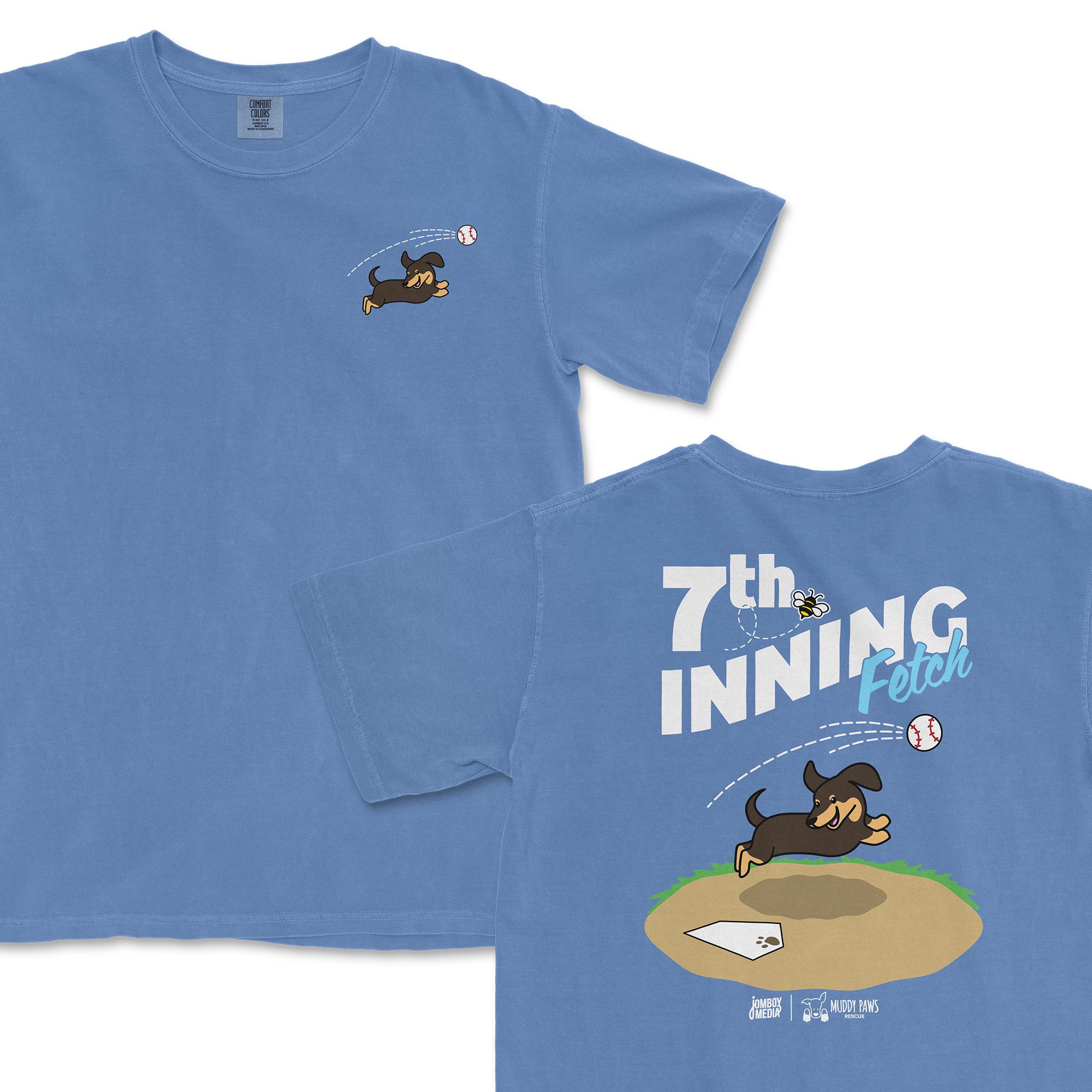 Light blue t-shirt featuring a cartoon dachshund fetching a baseball, with "7th Inning Fetch" text on the back.