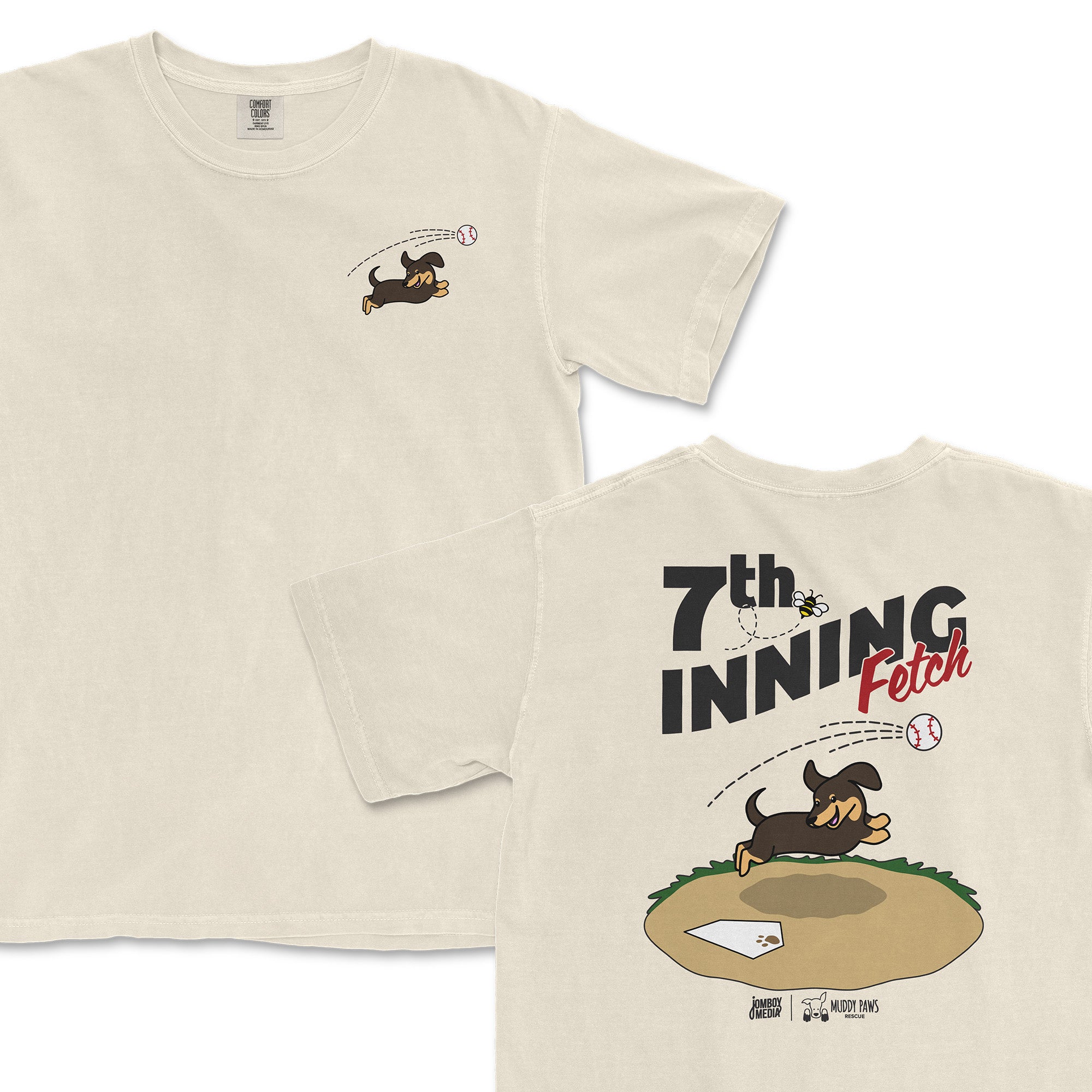 Dachshund cartoon t-shirt featuring a playful dog fetching a baseball with "7th Inning Fetch" text on the back.
