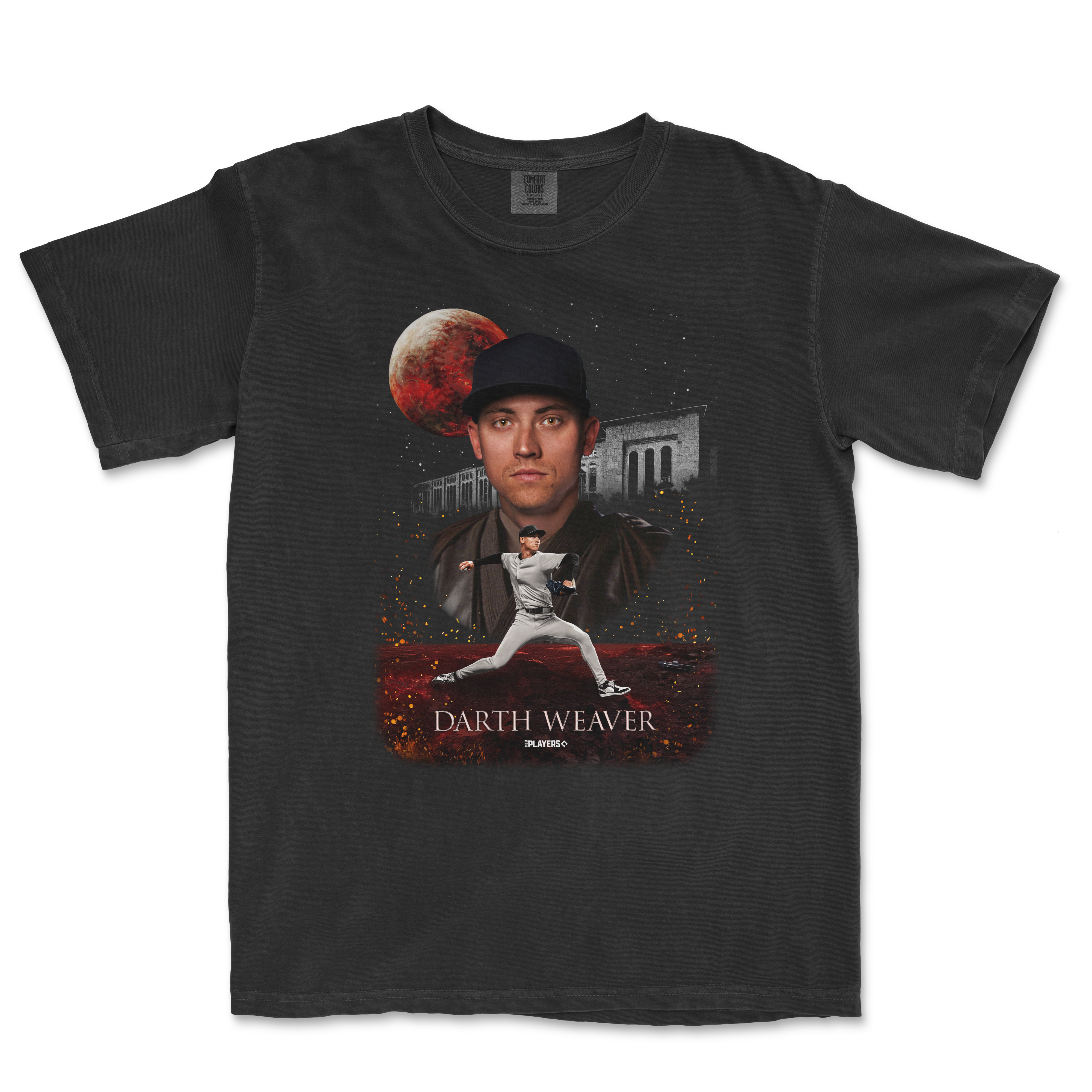 Darth Weaver graphic T-shirt featuring a baseball player, a large moon, and a building in a cosmic background on a black Comfort Colors tee.