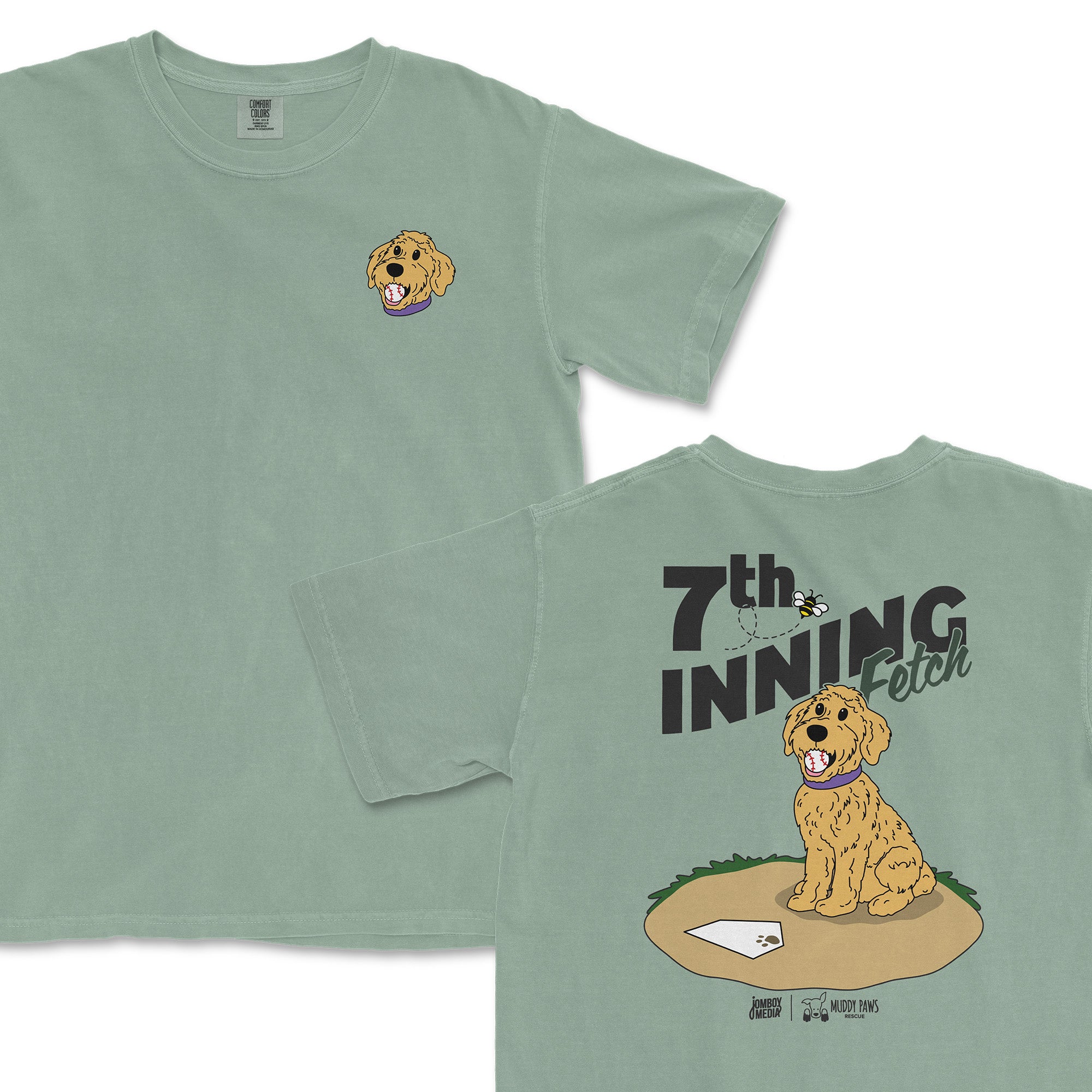 Light green t-shirt featuring a cartoon Golden Doodle on the front and "7th Inning Fetch" graphic on the back.