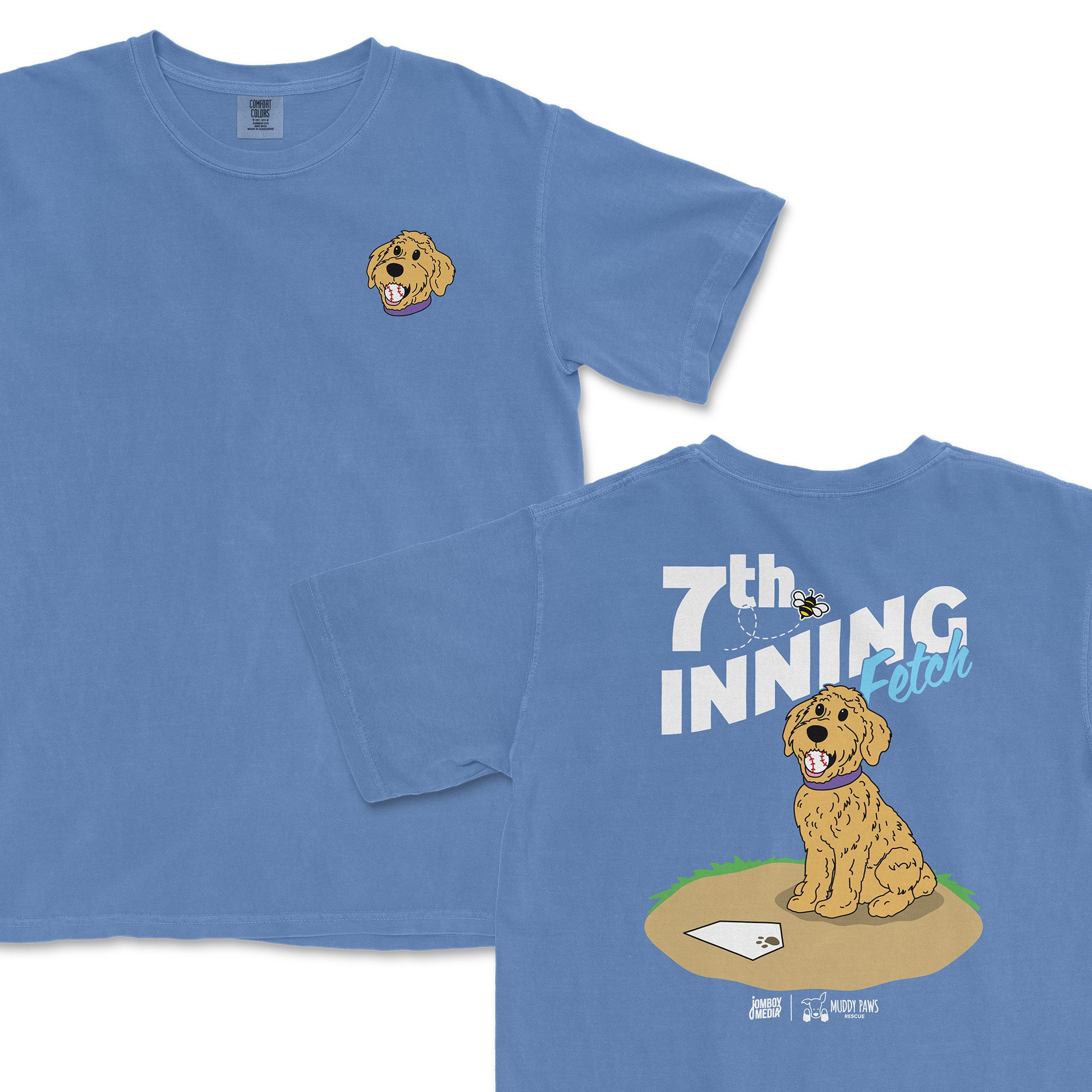 Blue t-shirt featuring a cartoon Golden Doodle with the text "7th Inning Fetch" and a baseball theme on the back.