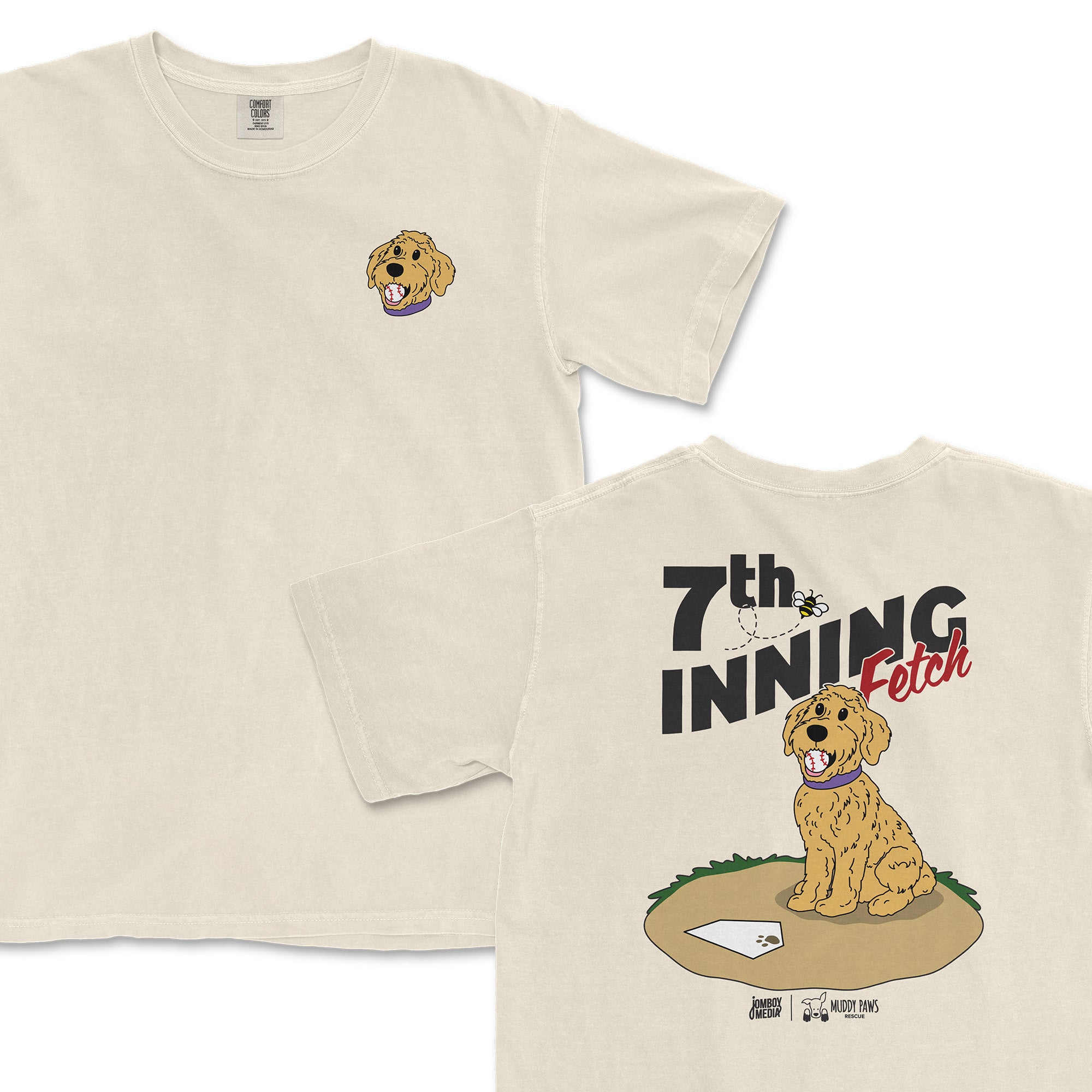 Golden Doodle t-shirt featuring a cartoon dog with a baseball theme and "7th Inning Fetch" text on the back.