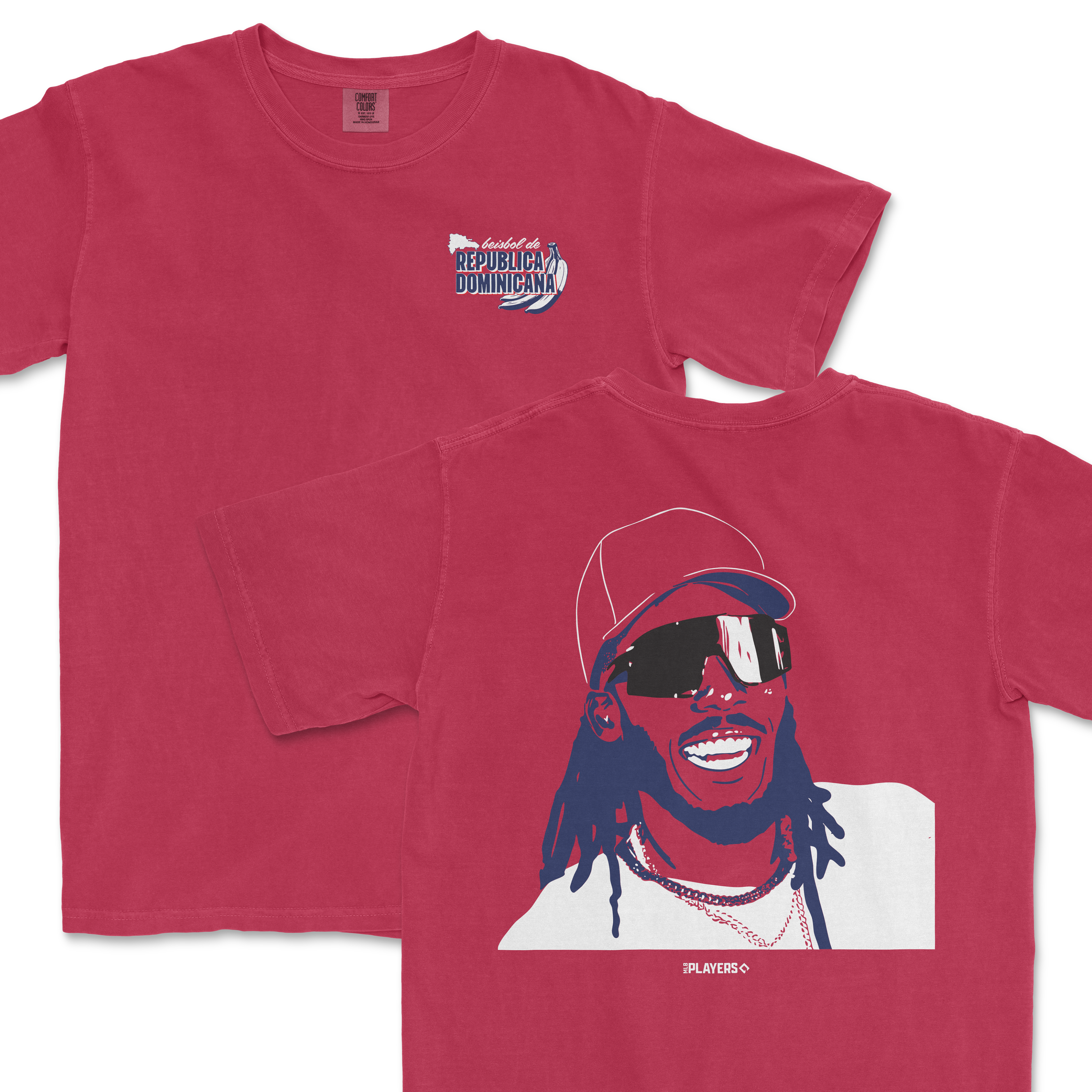 Red Comfort Colors T-shirt featuring a graphic of a smiling man with sunglasses, cap, and dreadlocks, and a small Dominican Republic map with text.