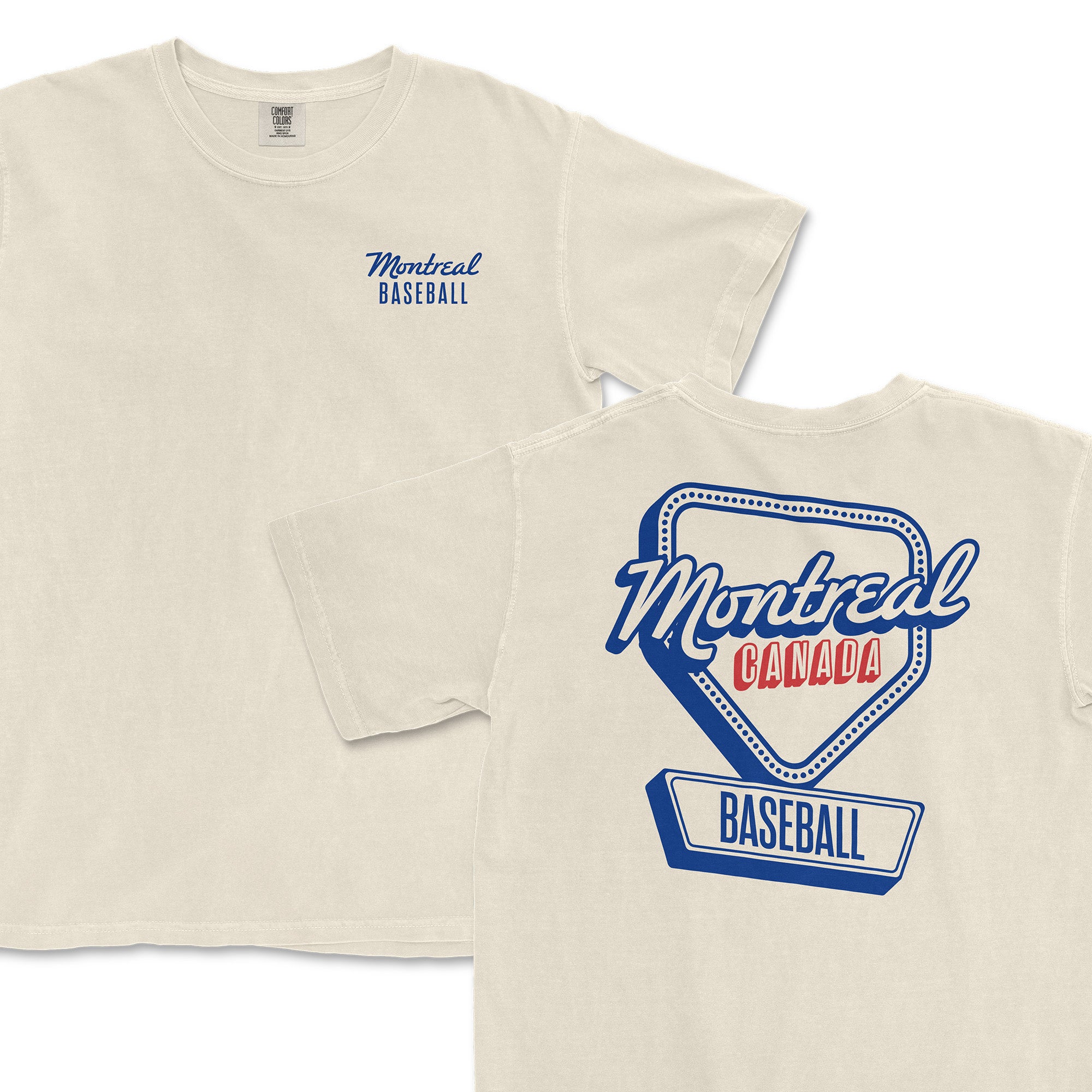 Cream-colored t-shirt featuring "Montreal Baseball" text on the front and a graphic design on the back with "Montreal Canada" and a baseball diamond motif.