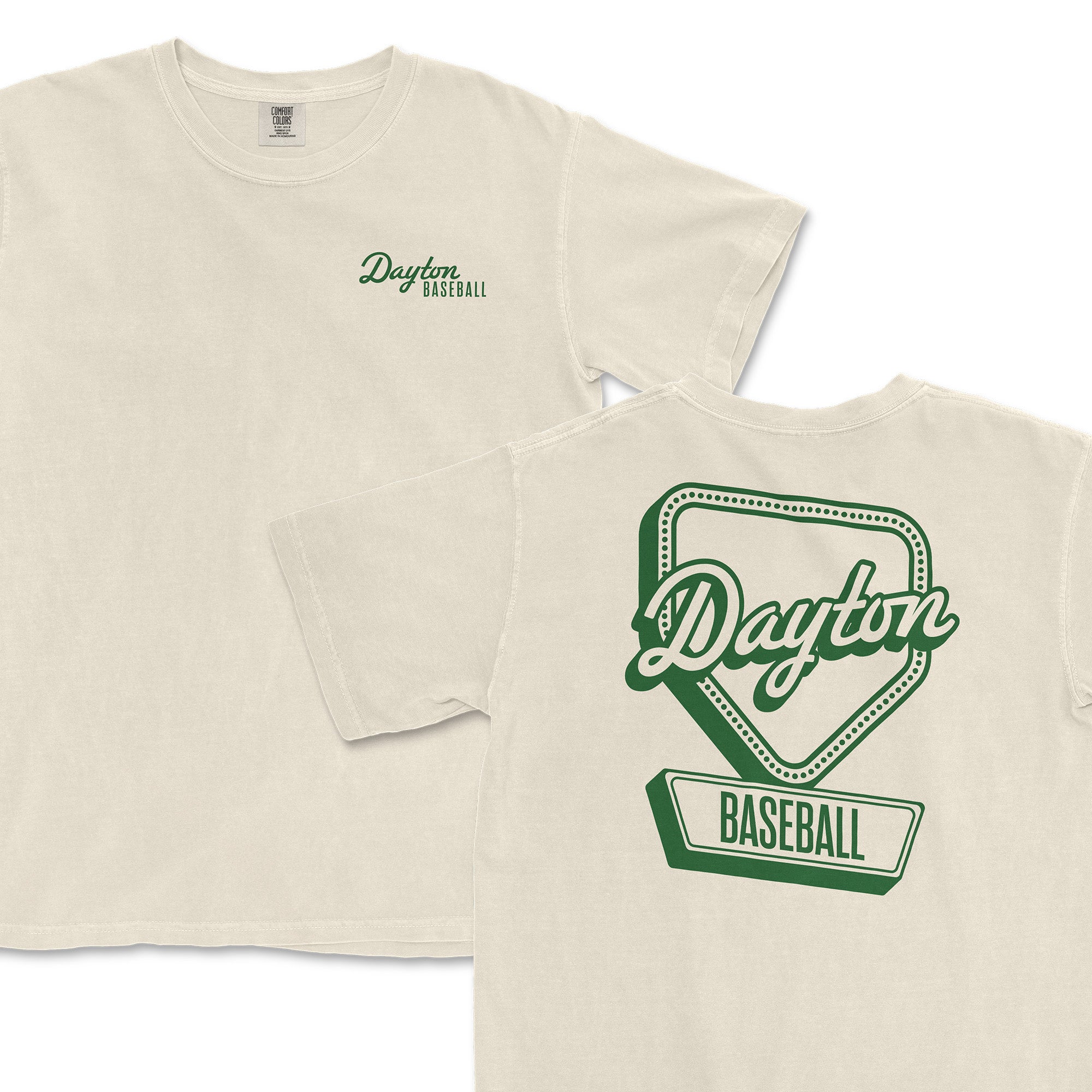 Cream-colored t-shirt featuring "Dayton Baseball" logo on the front and a large graphic on the back in green.