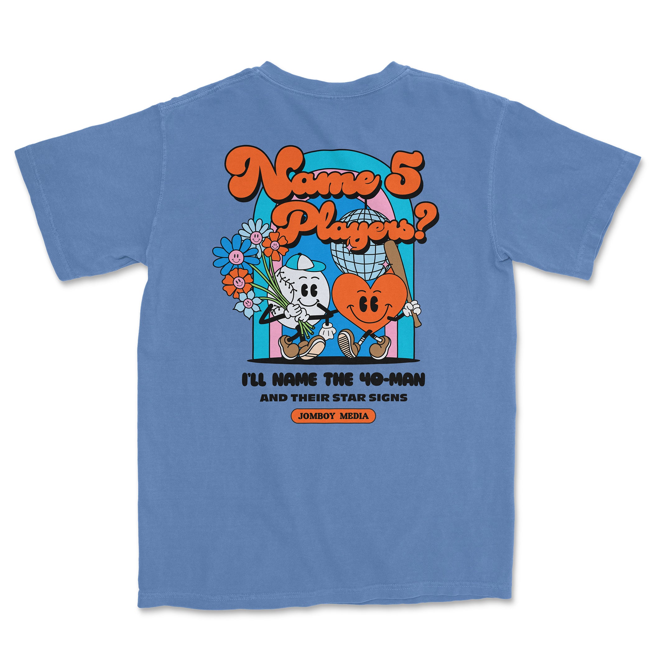 Blue Comfort Colors T-shirt featuring cartoon characters, colorful text, and playful design promoting a fun, nostalgic vibe.