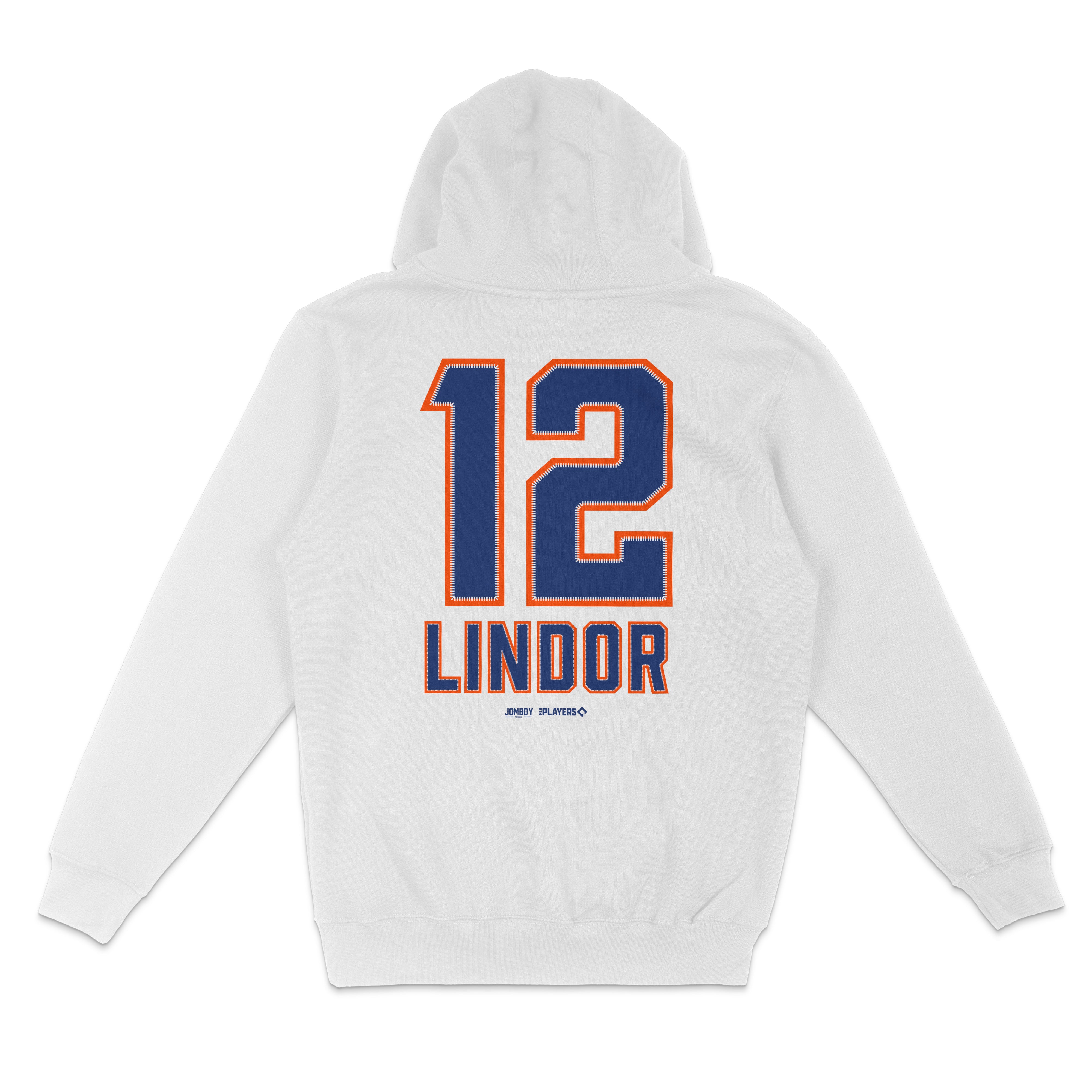 White pullover fleece hoodie featuring "12 Lindor" in bold blue and orange lettering on the back, with a hood and long sleeves.
