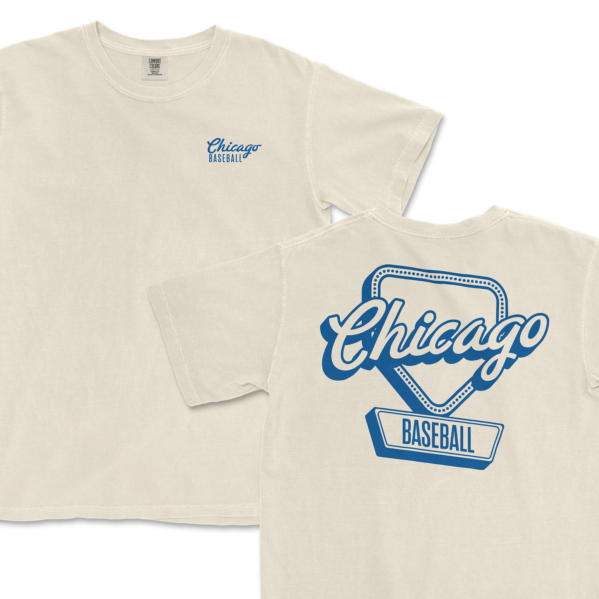 Cream-colored t-shirt featuring "Chicago Baseball" in blue on the front and a large graphic on the back with a baseball diamond design.