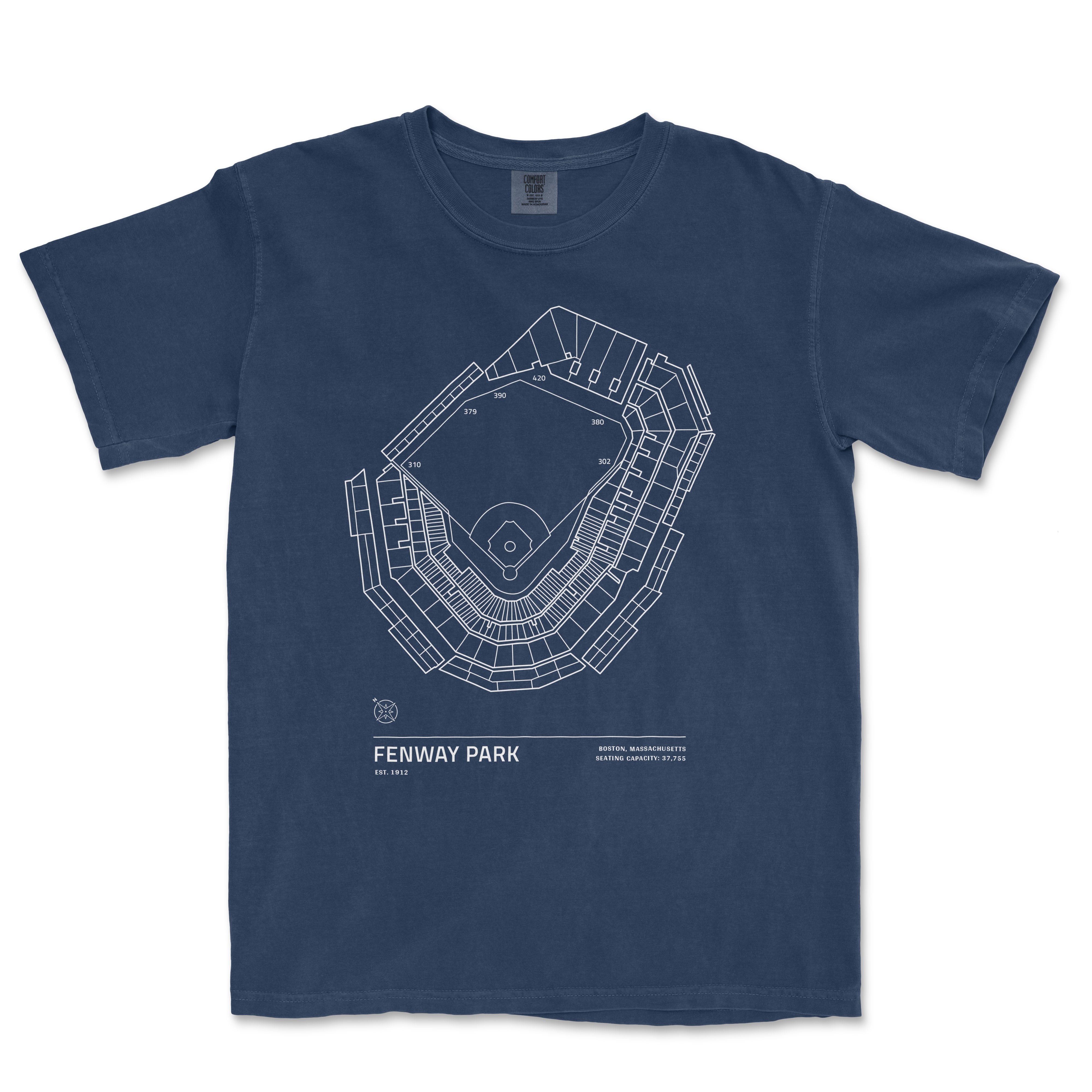 Blue Comfort Colors T-shirt featuring a white line drawing of Fenway Park's stadium seating and field layout, with "Fenway Park" text.