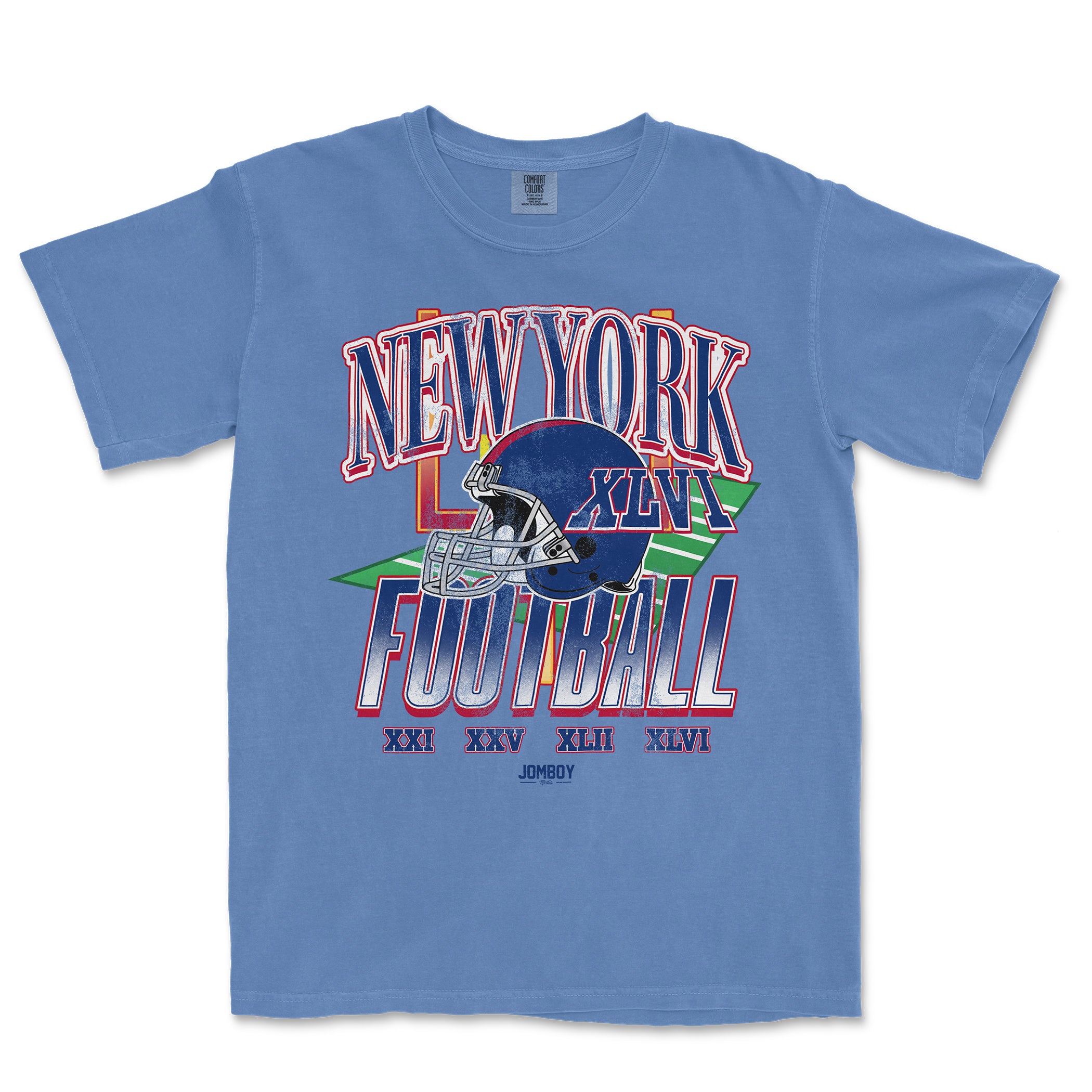 Blue vintage Comfort Colors® T-shirt featuring a colorful New York Giants football graphic with Roman numerals and team helmet design.