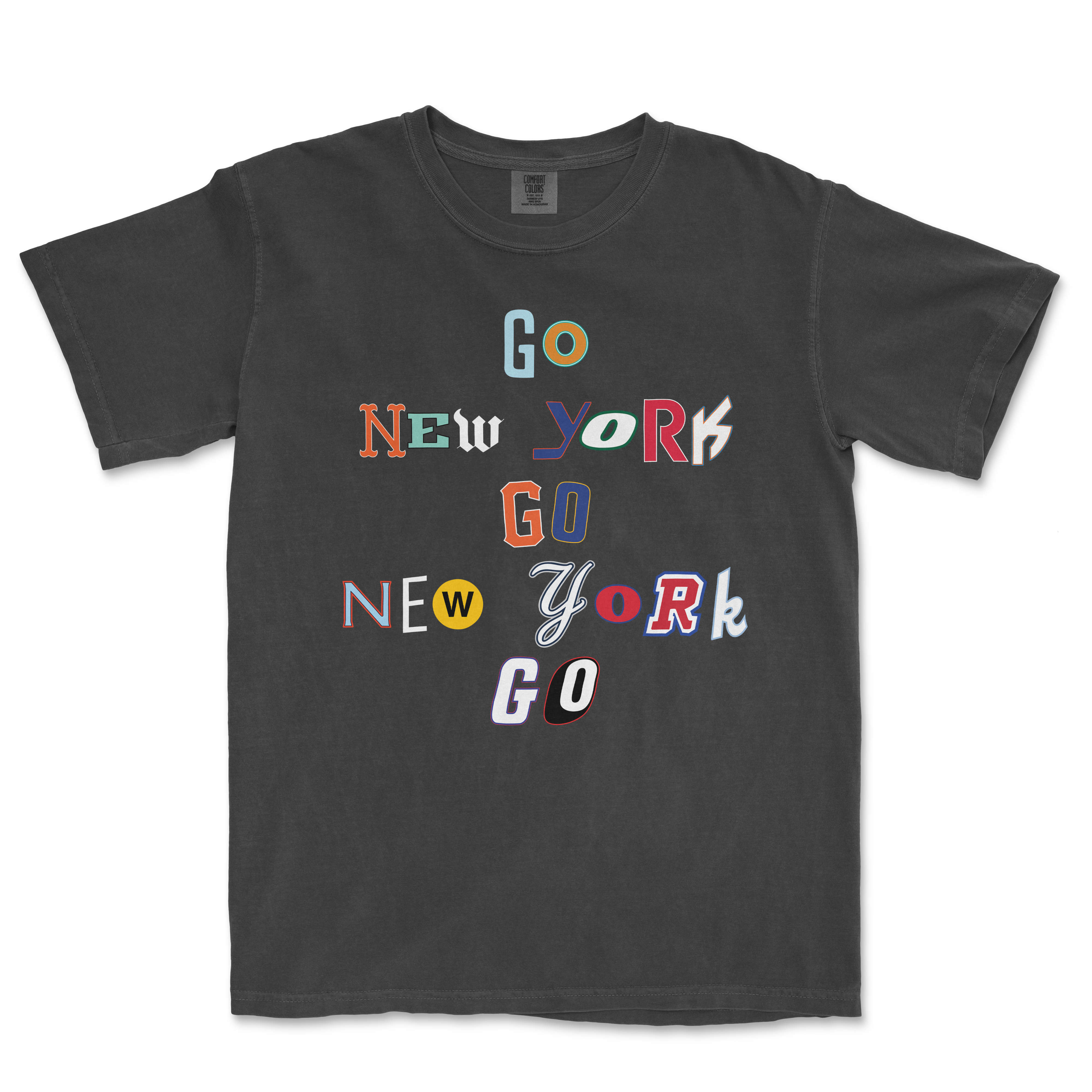 Black t-shirt featuring colorful text design with "Go New York Go" in various fonts and styles, celebrating New York pride.