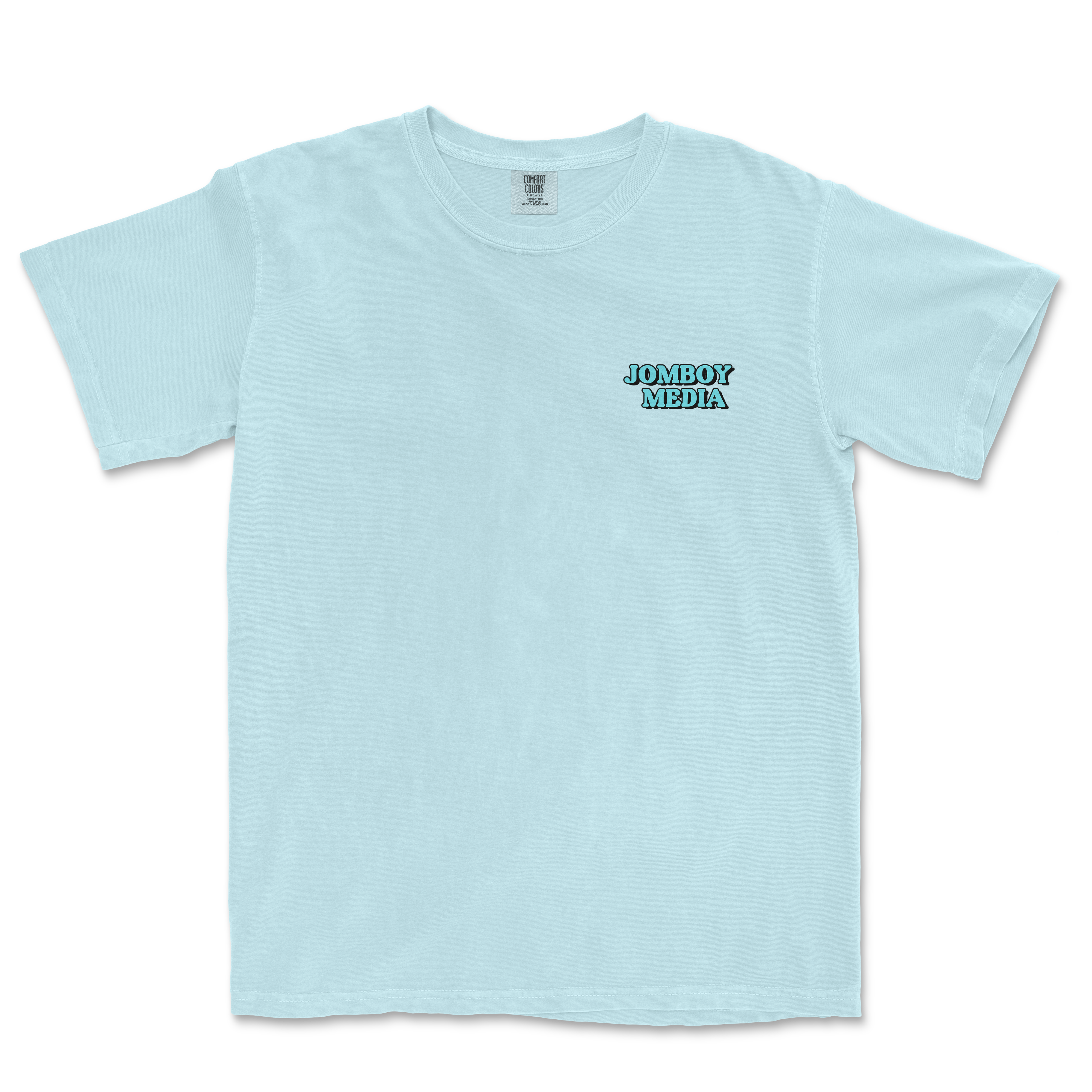 Light blue Comfort Colors T-shirt with "JOMBOY MEDIA" logo in black and blue on the front left chest area.