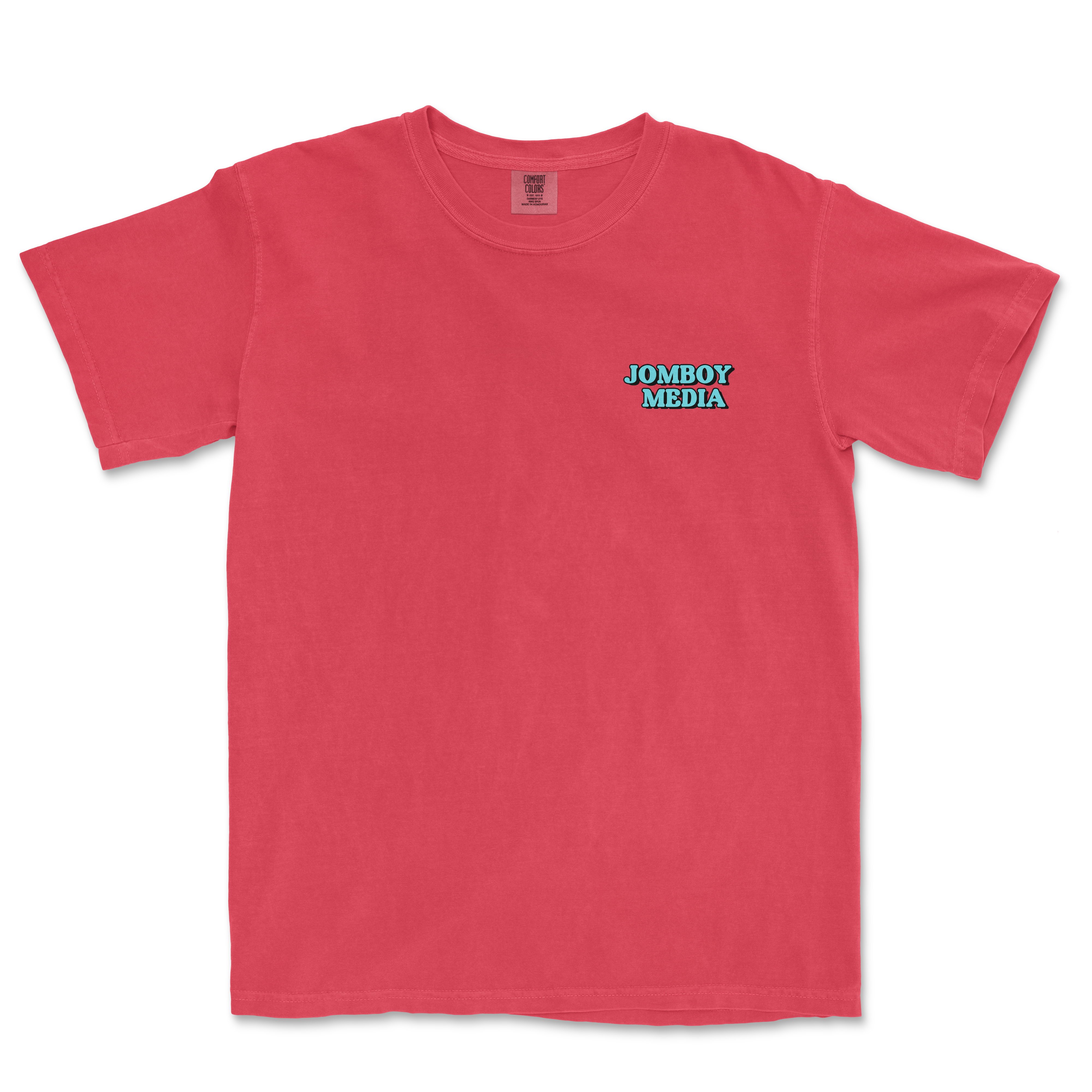 Pink Comfort Colors T-shirt with "JOMBOY MEDIA" in blue text on the left chest area.