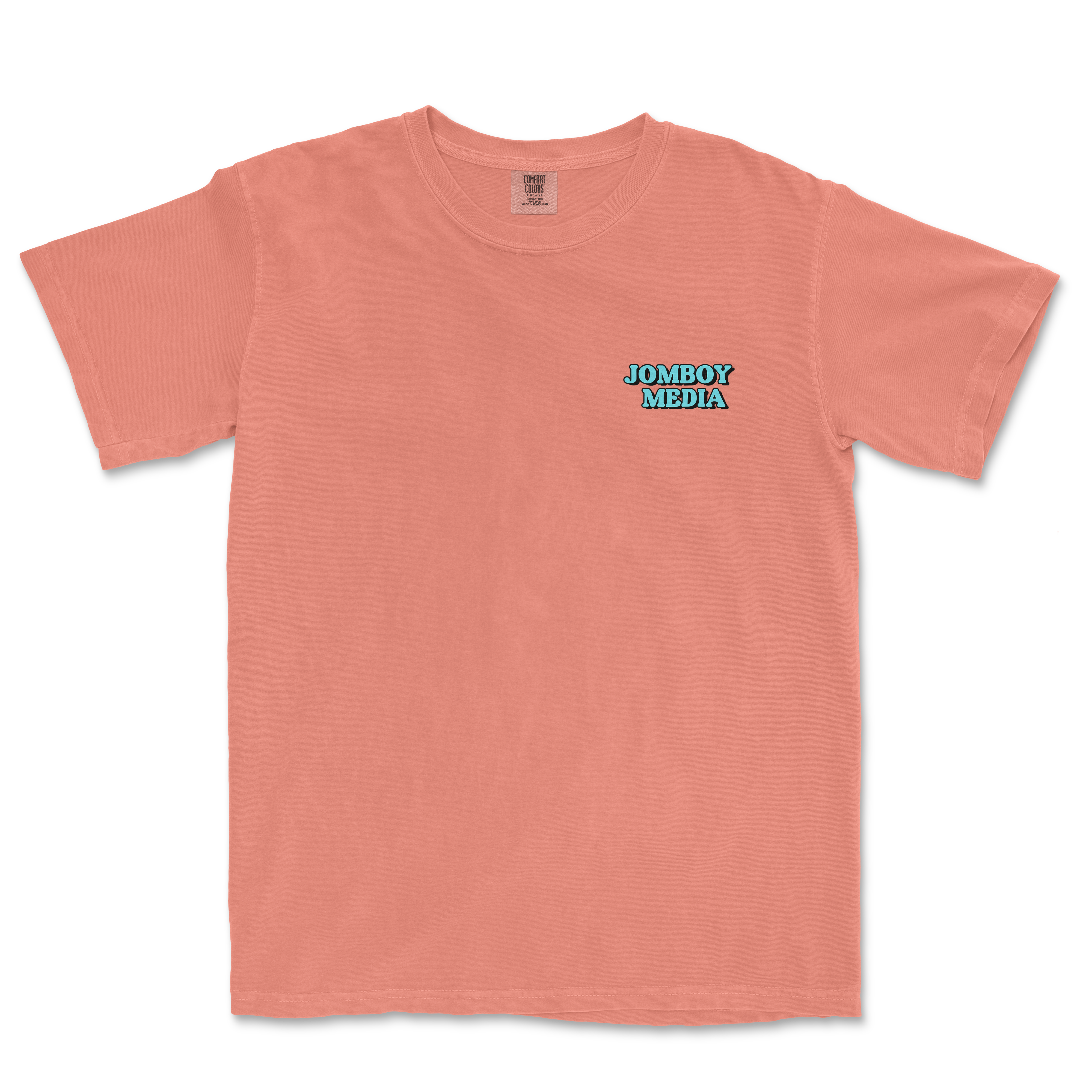 Pink Comfort Colors T-shirt with "JOMBOY MEDIA" printed in blue on the left chest area.