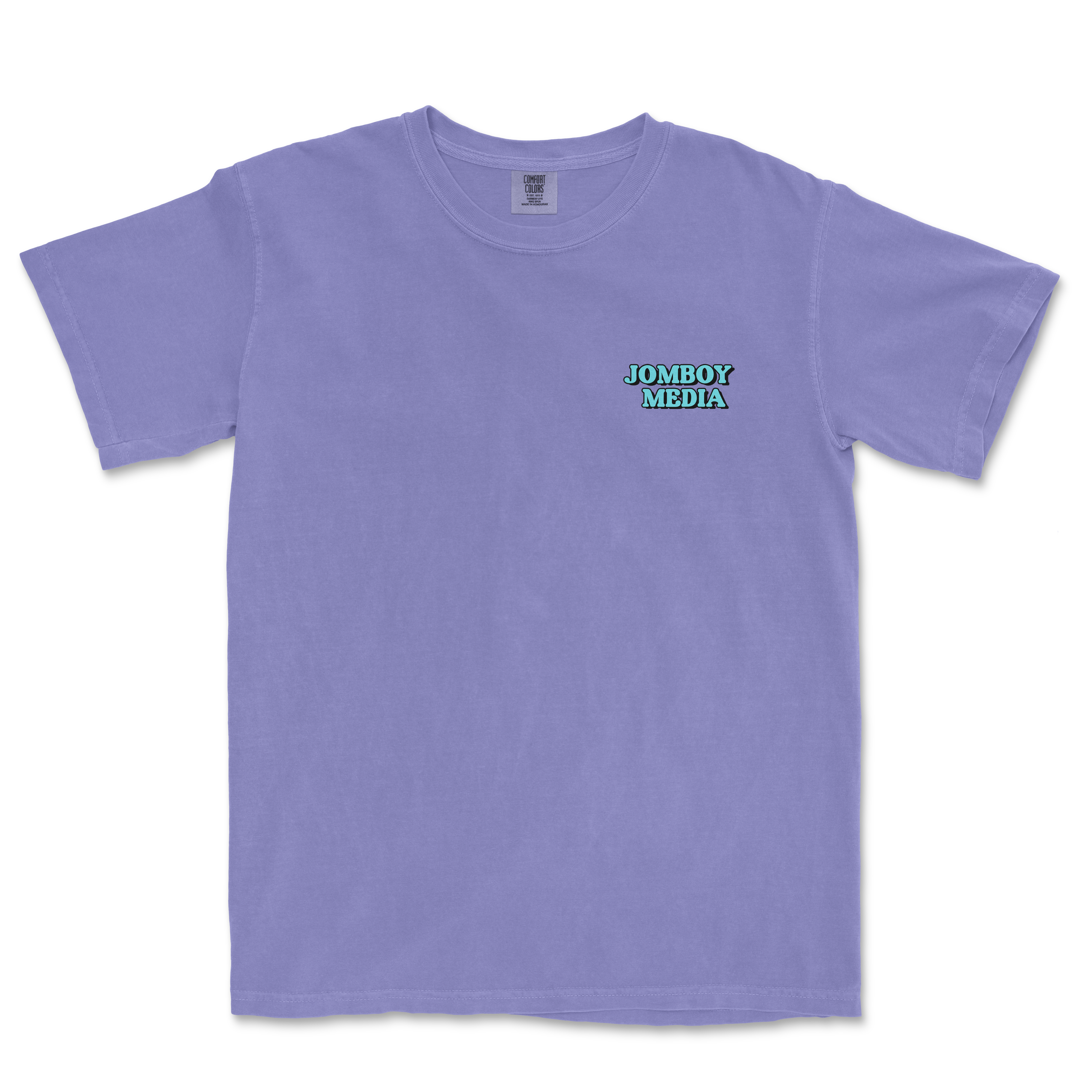 Lavender Comfort Colors T-shirt featuring a small "JOMBOY MEDIA" logo in turquoise and black on the upper left chest.